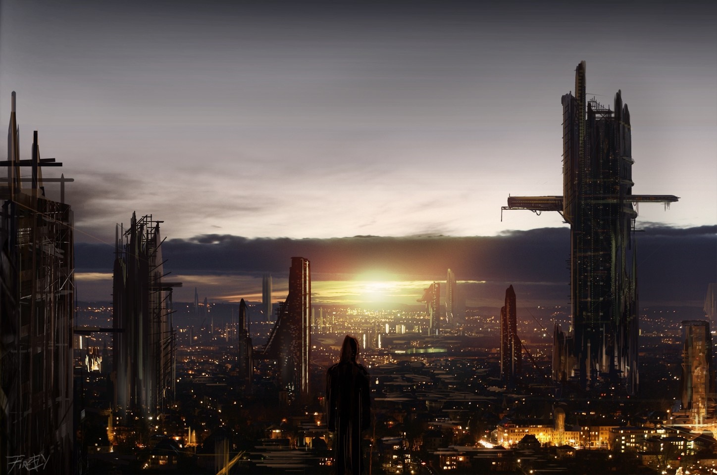 Futuristic city skyline at sunset with construction HD Wallpaper