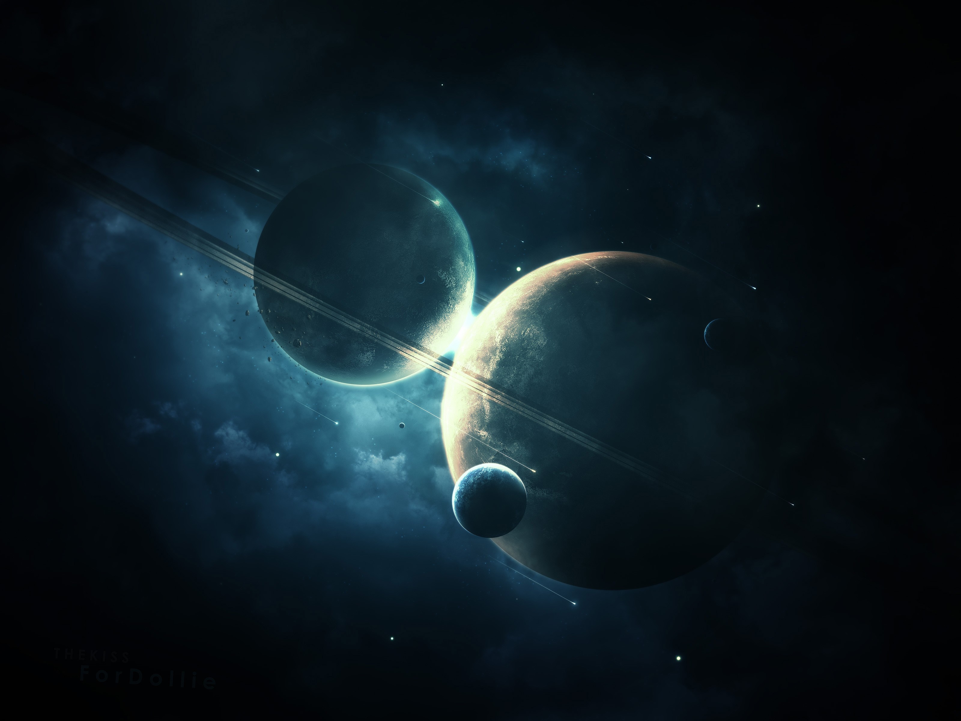 Planets and rings in a cloudy galaxy HD Wallpaper