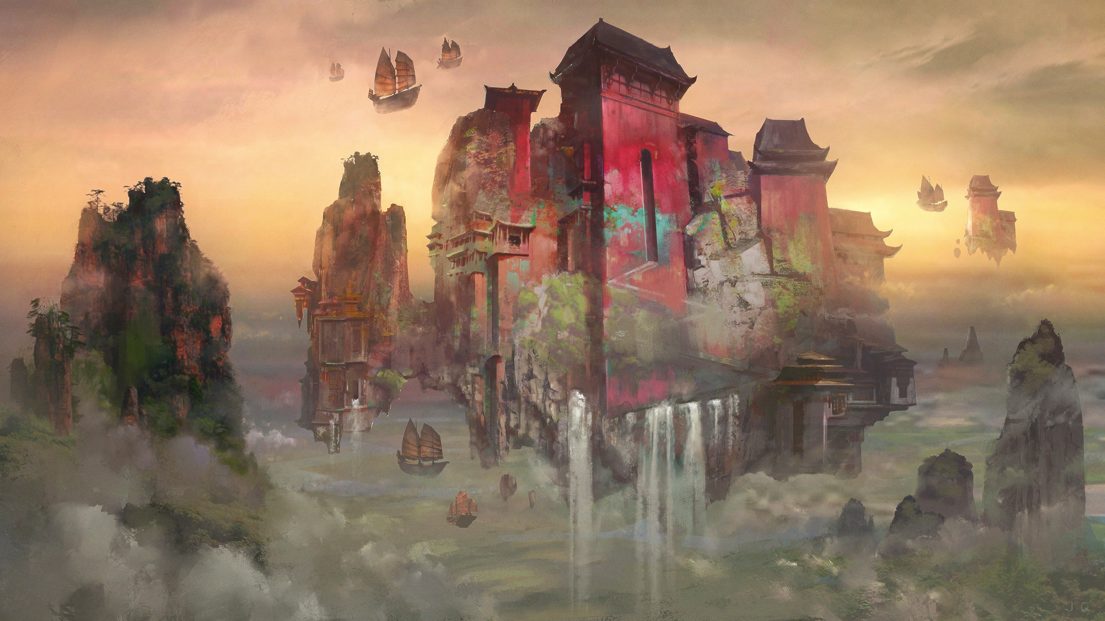 Floating islands with ancient architecture and ships HD Wallpaper