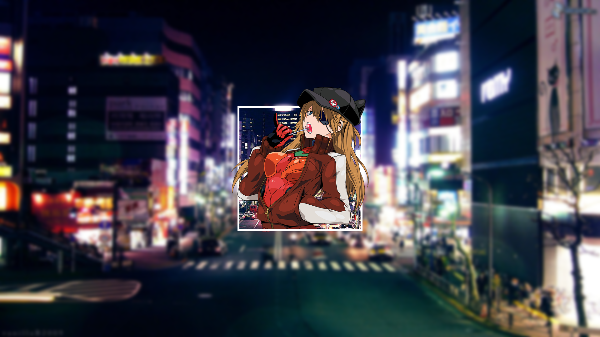 Asuka Langley Soryu from Neon Genesis Evangelion in a city at night HD Wallpaper