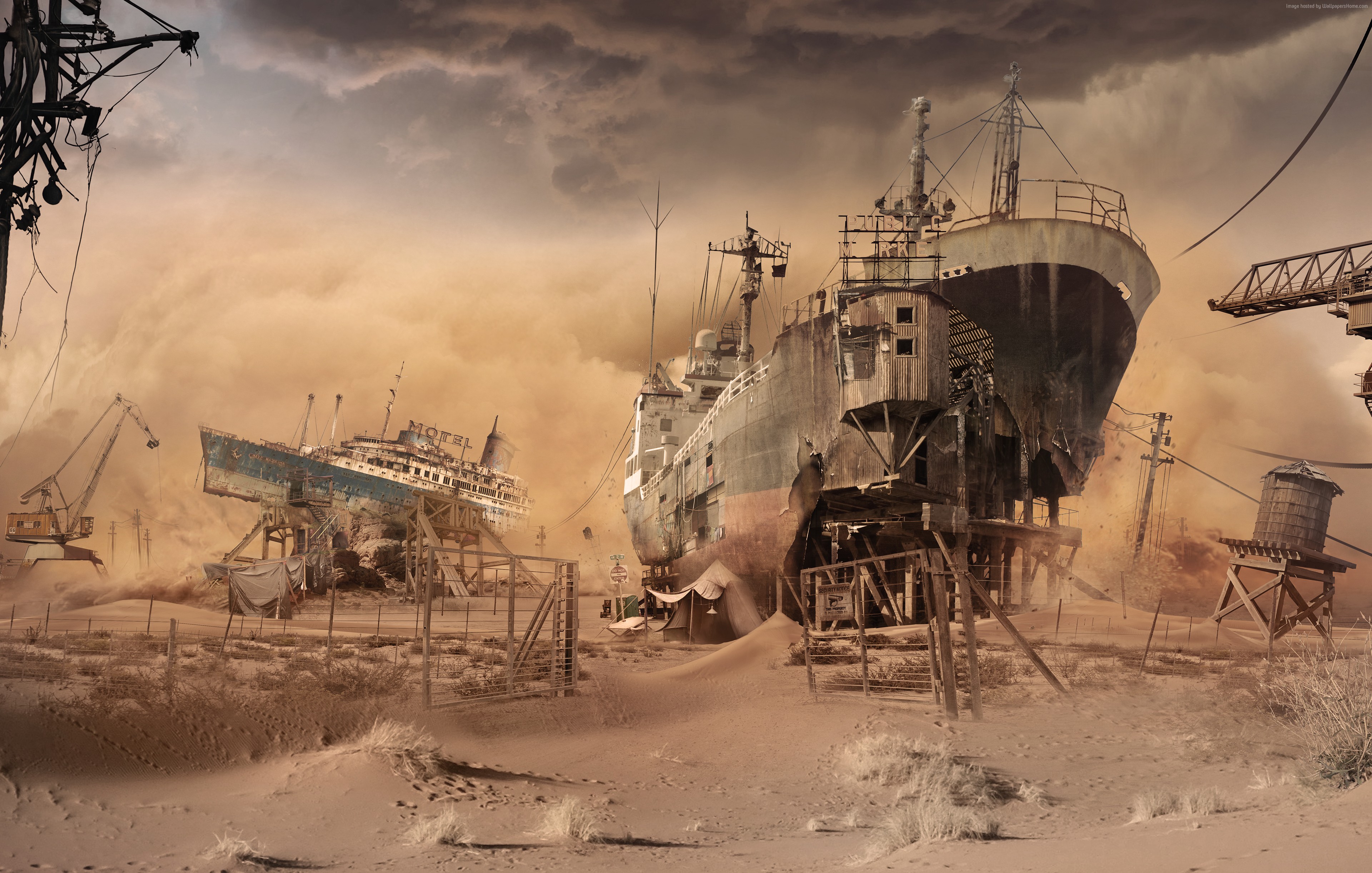 Post-apocalyptic scene with wrecked ships and cranes HD Wallpaper