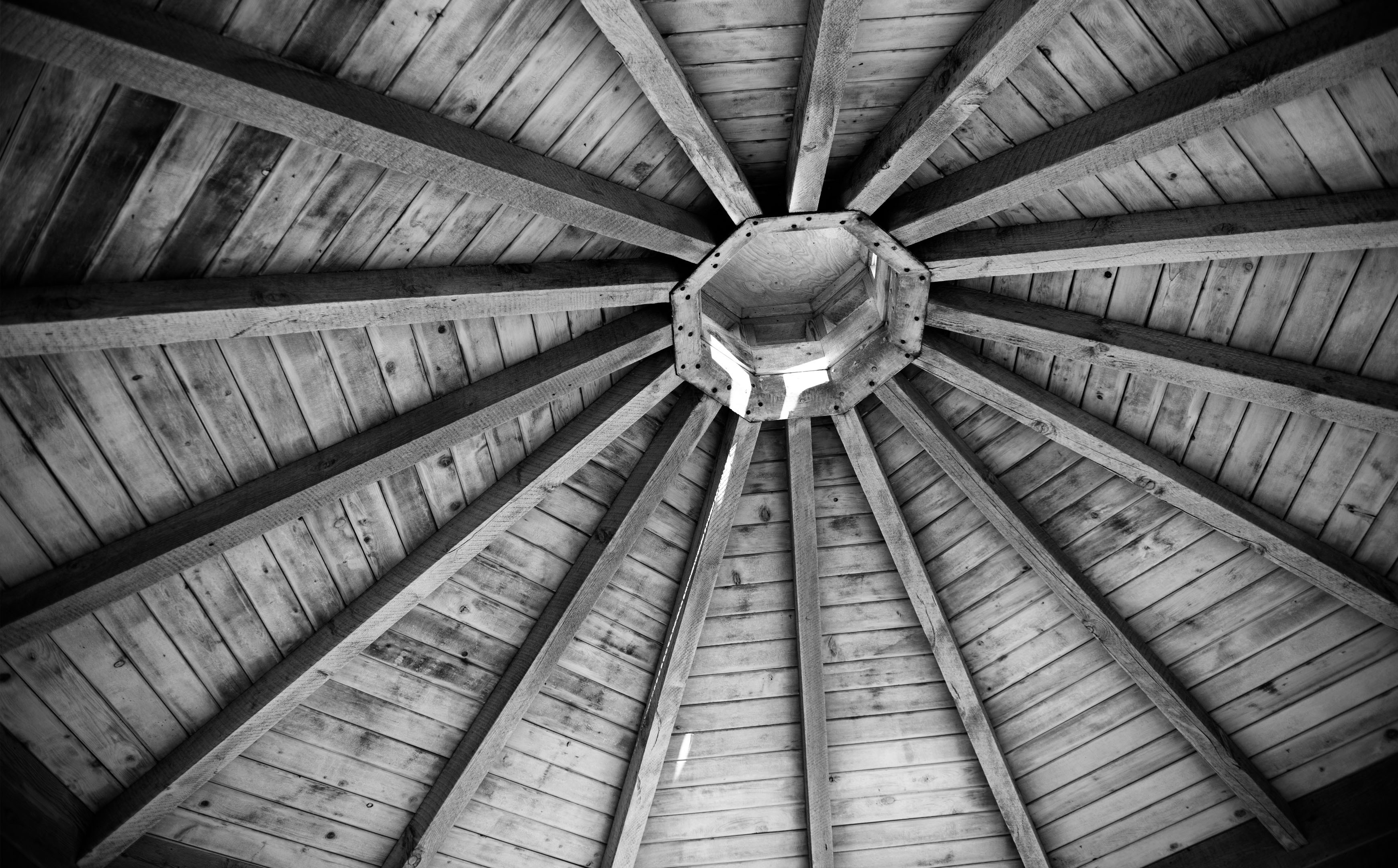 Wooden ceiling structure with radial beams HD Wallpaper