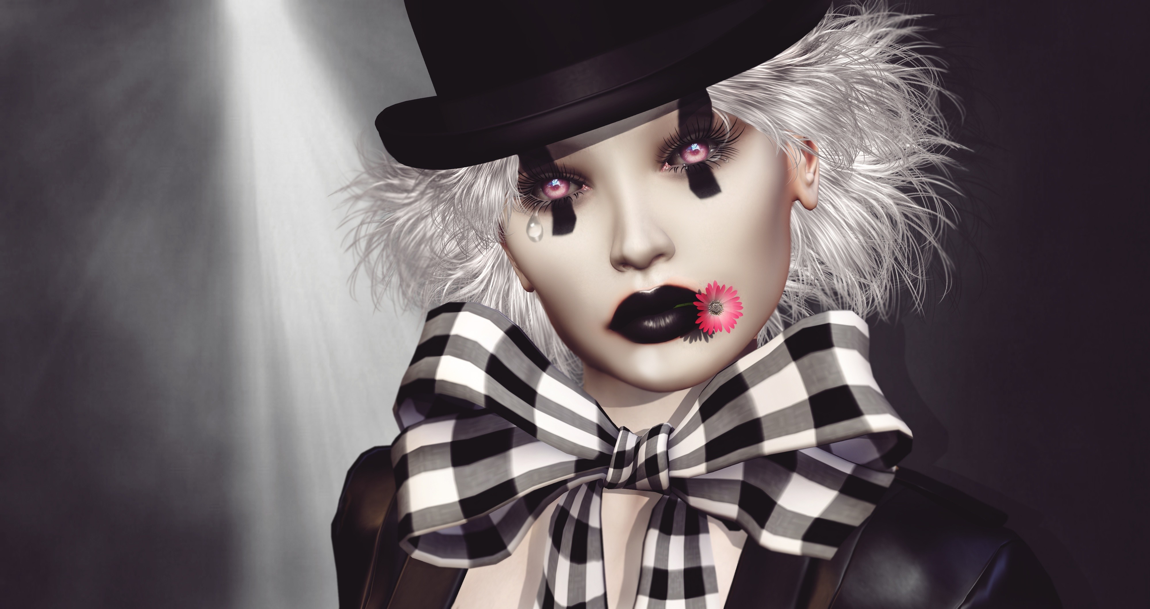 Clown woman with flower in mouth and checkered bow HD Wallpaper