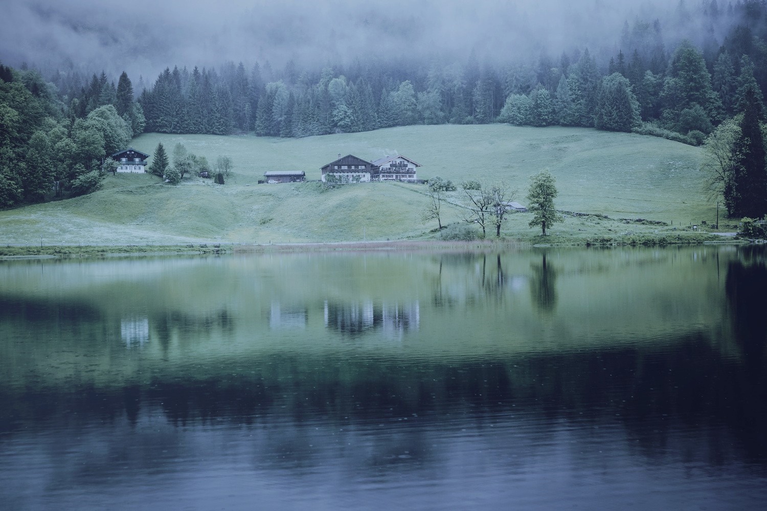 Houses on a hill reflected in a misty lake HD Wallpaper