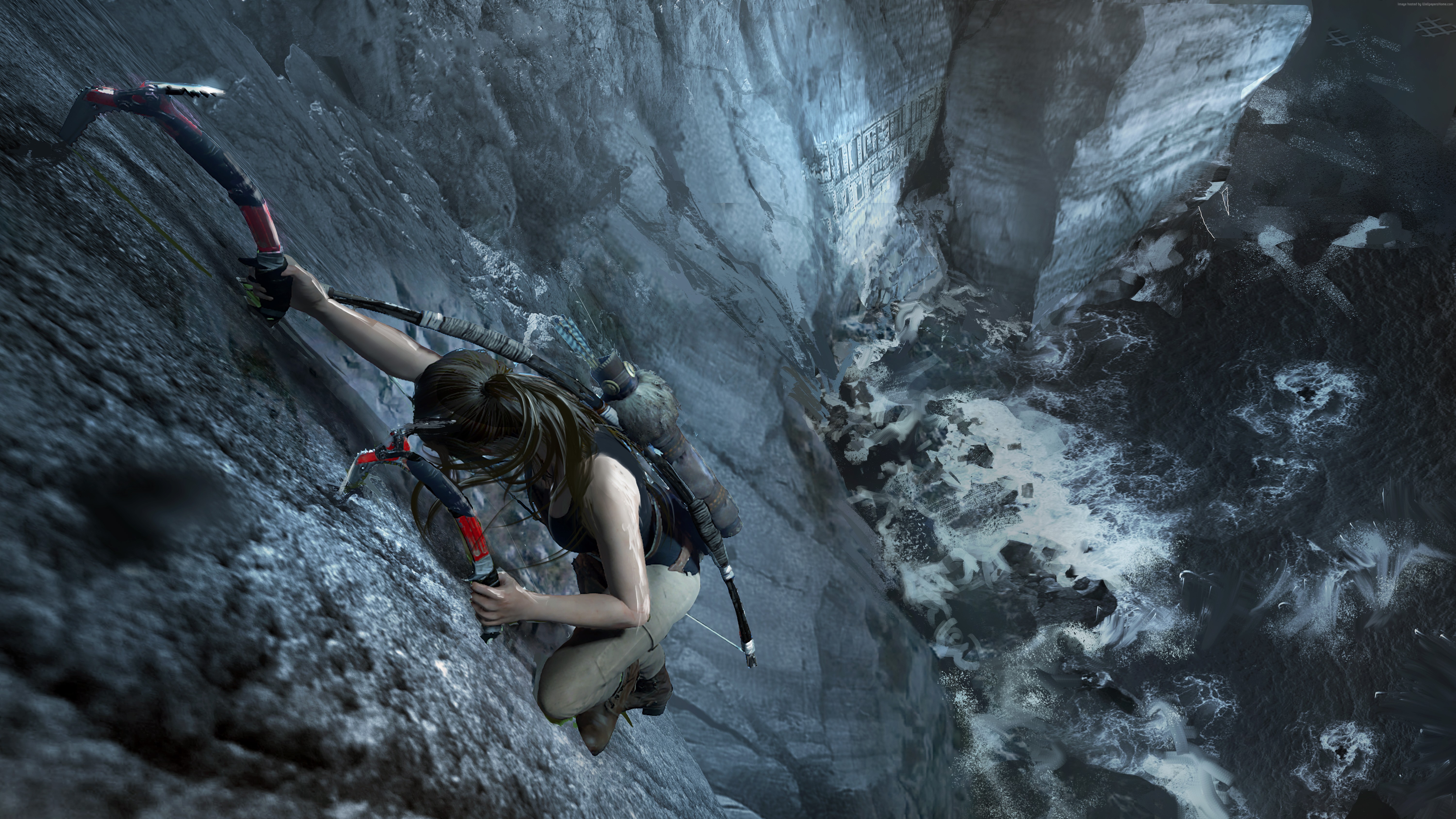 Lara Croft climbing a cliff in Shadow of the Tomb Raider HD Wallpaper
