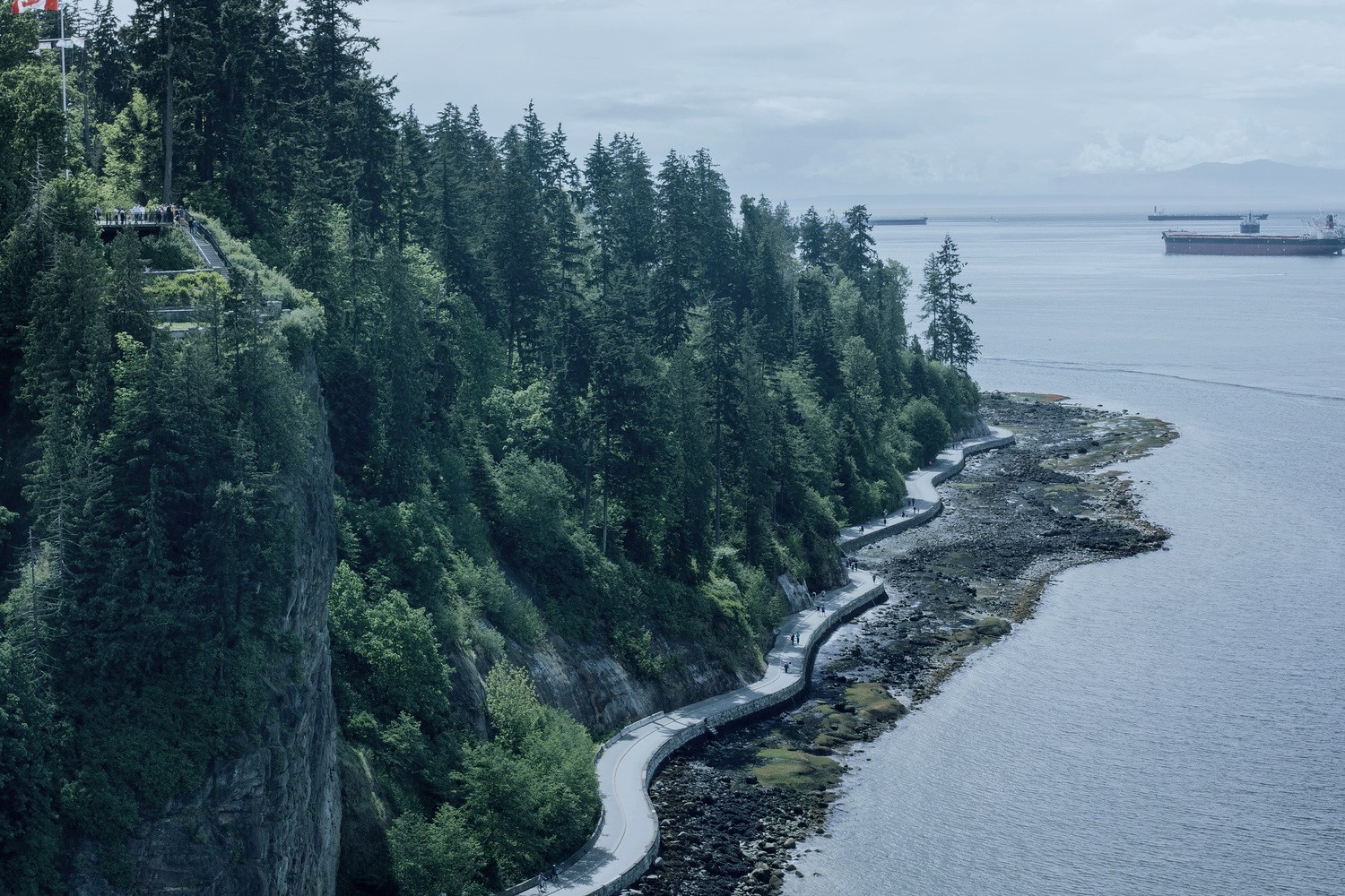 Stanley Park Seawall Vancouver with Ships in Distance HD Wallpaper