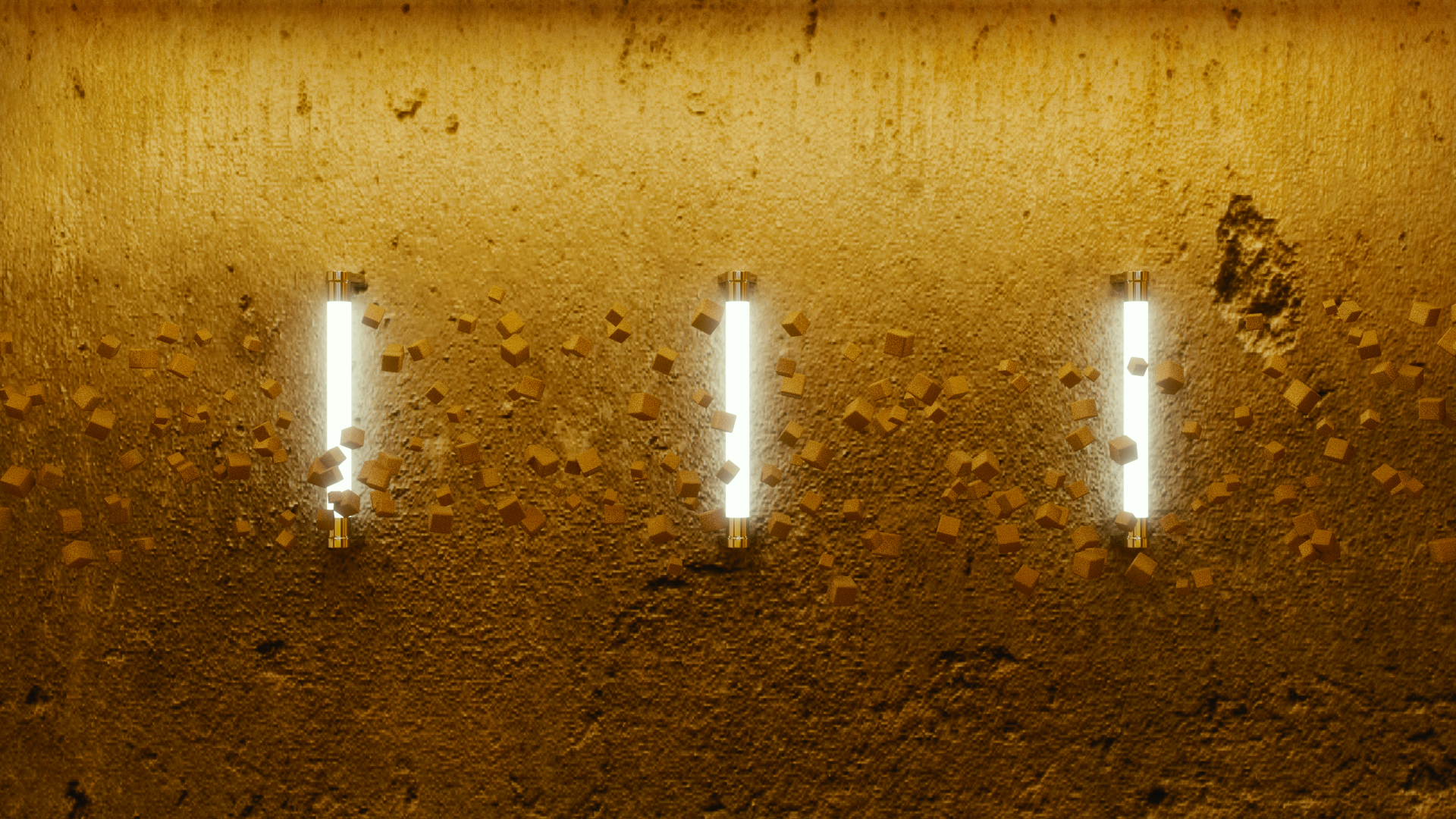 Three glowing lamps on a textured yellow wall with cubes HD Wallpaper