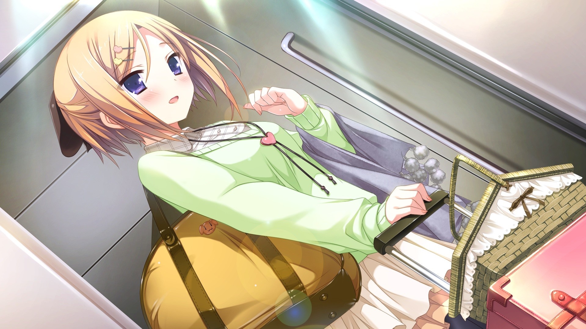 Anime girl with blonde hair and purple eyes on a train HD Wallpaper