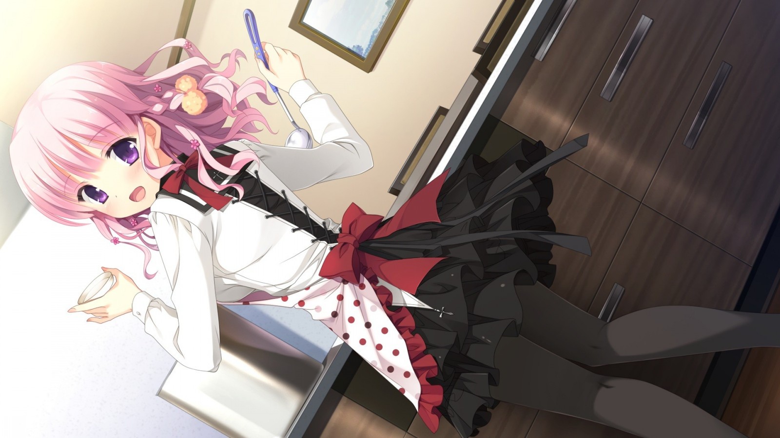Anime girl with pink hair in a kitchen HD Wallpaper