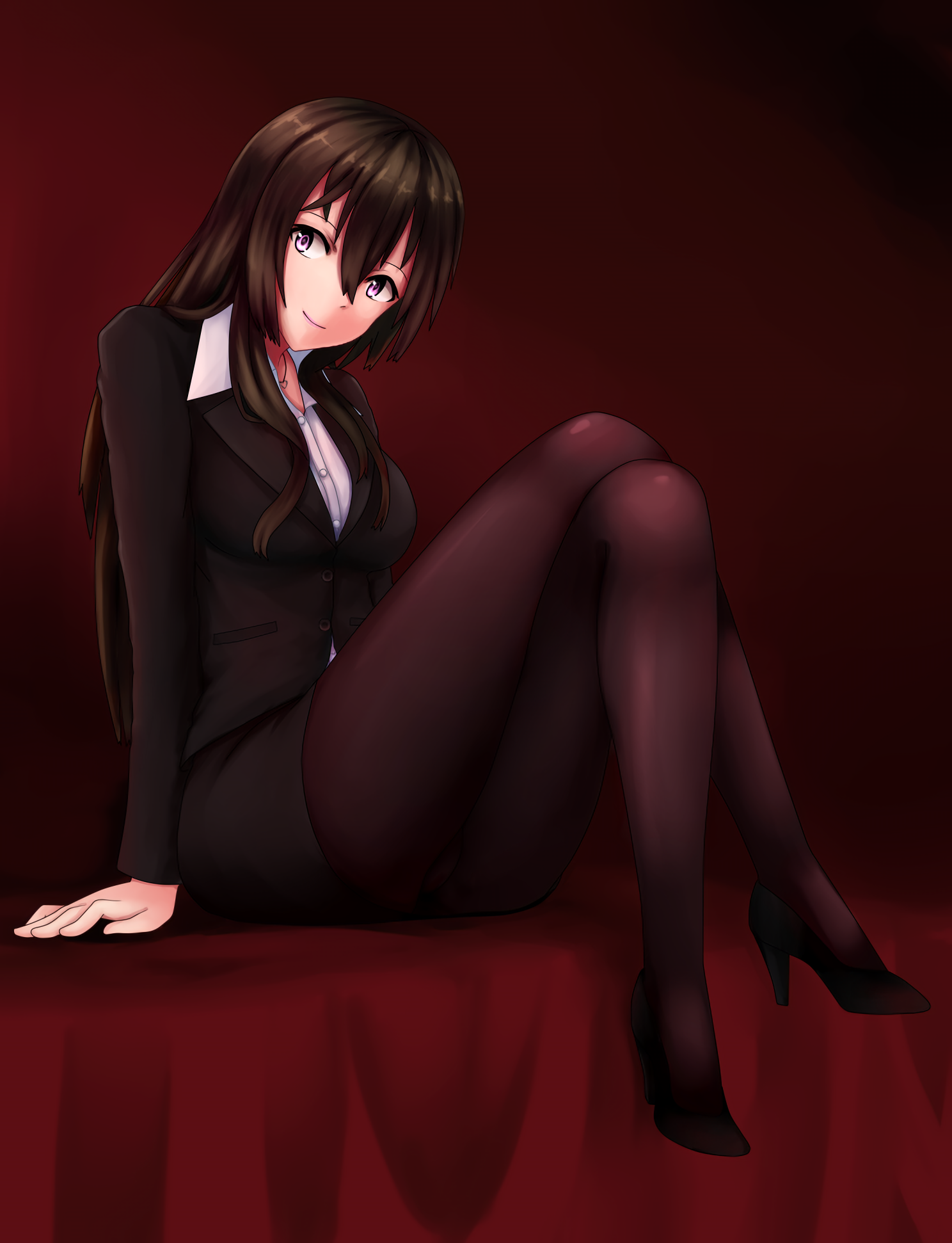 Anime girl with black hair and purple eyes in a business suit HD Wallpaper