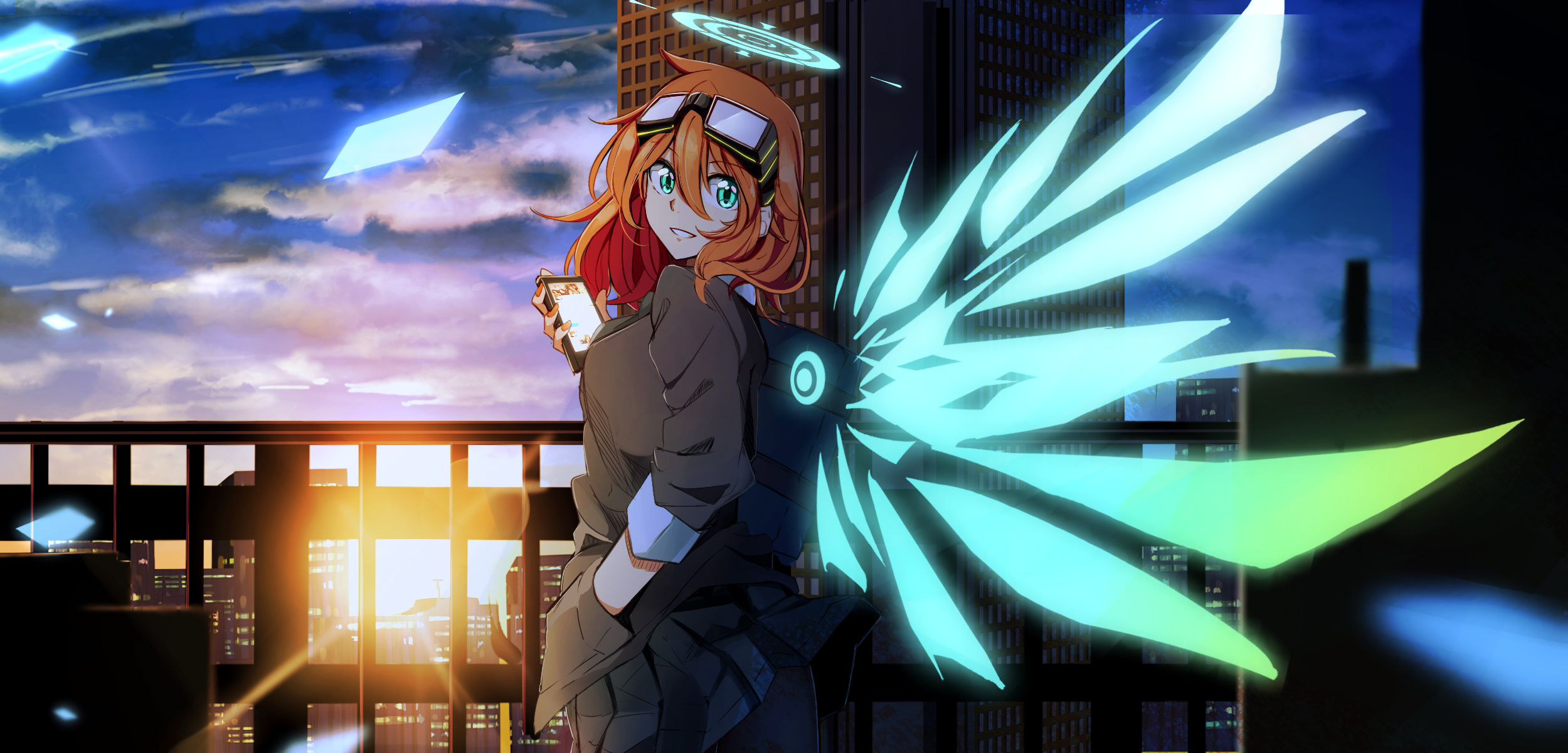 Anime girl with wings holding a smartphone in a city at sunset HD Wallpaper