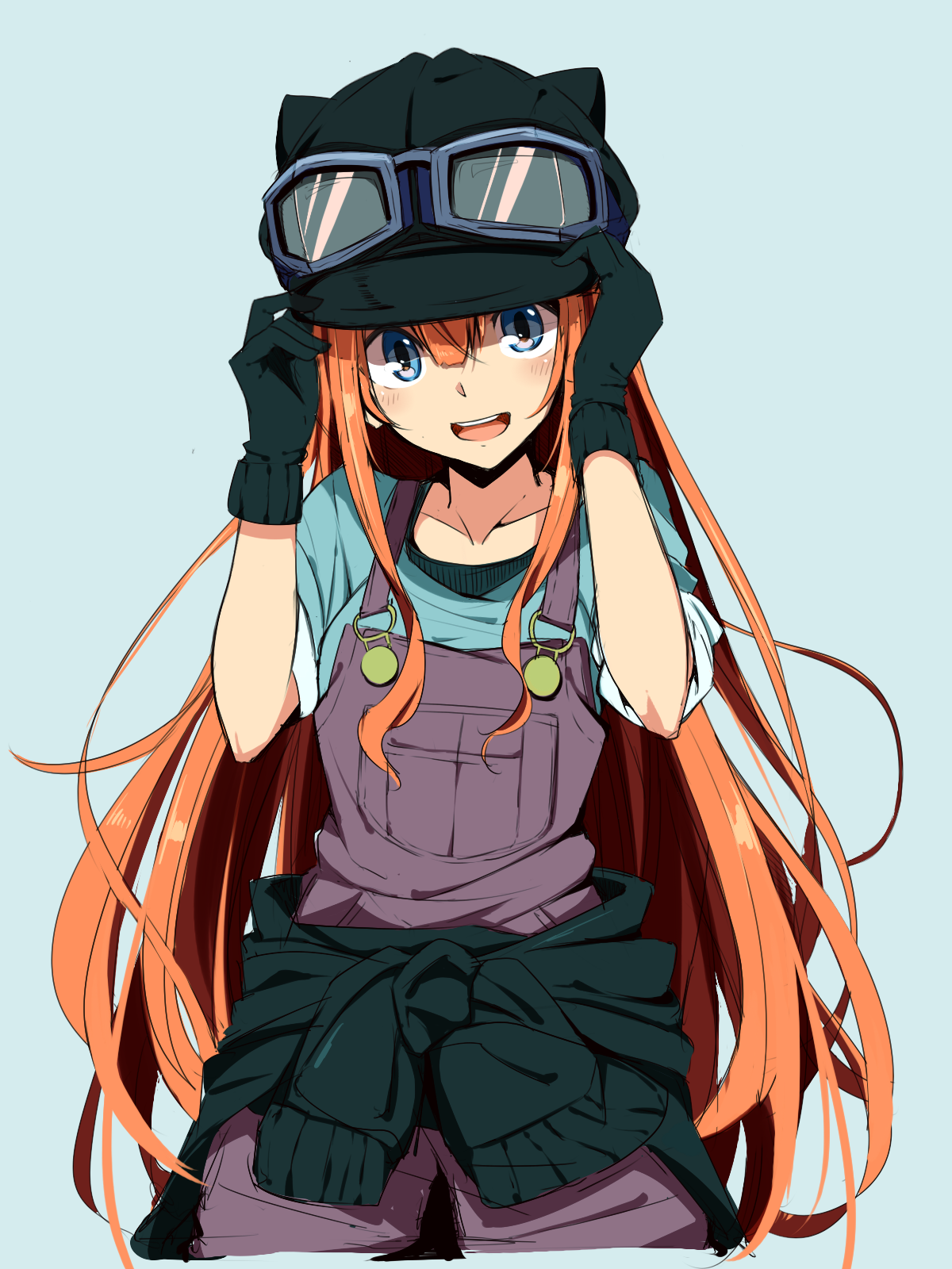 Anime girl with long orange hair and goggles HD Wallpaper