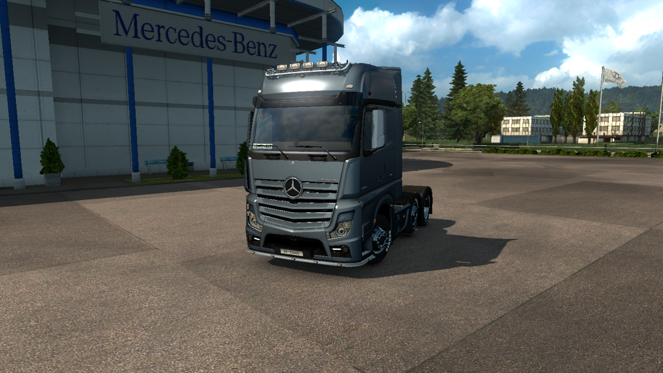 Mercedes-Benz truck at a dealership in Euro Truck Simulator 2 HD Wallpaper