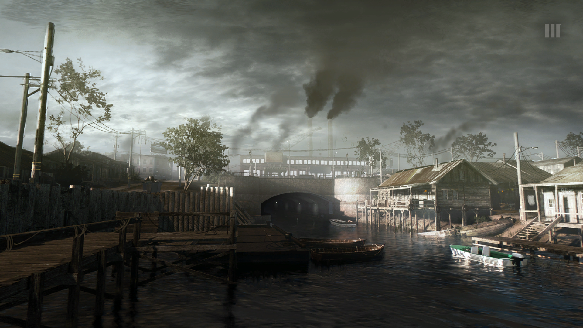 Mafia III cityscape with industrial pollution and waterway HD Wallpaper