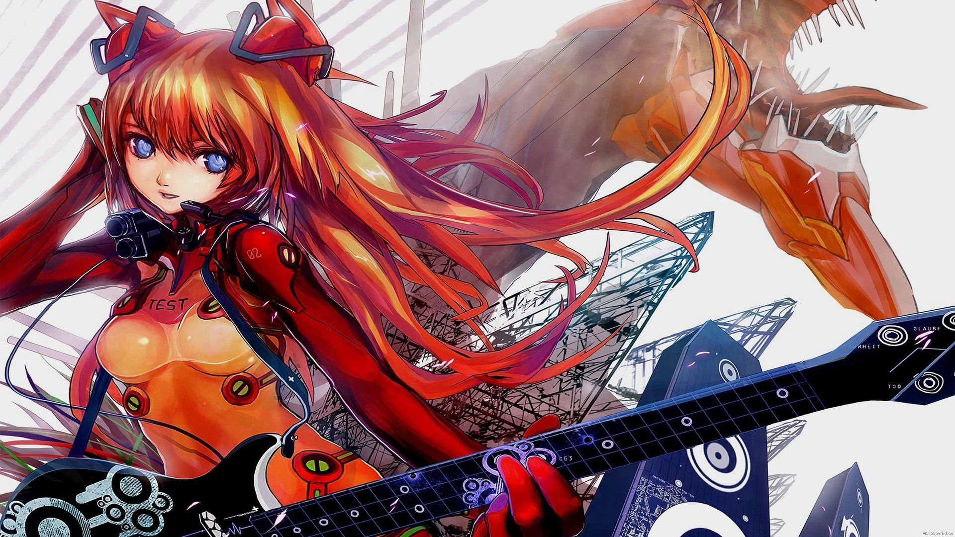 Asuka Langley Soryu from Neon Genesis Evangelion playing guitar HD Wallpaper