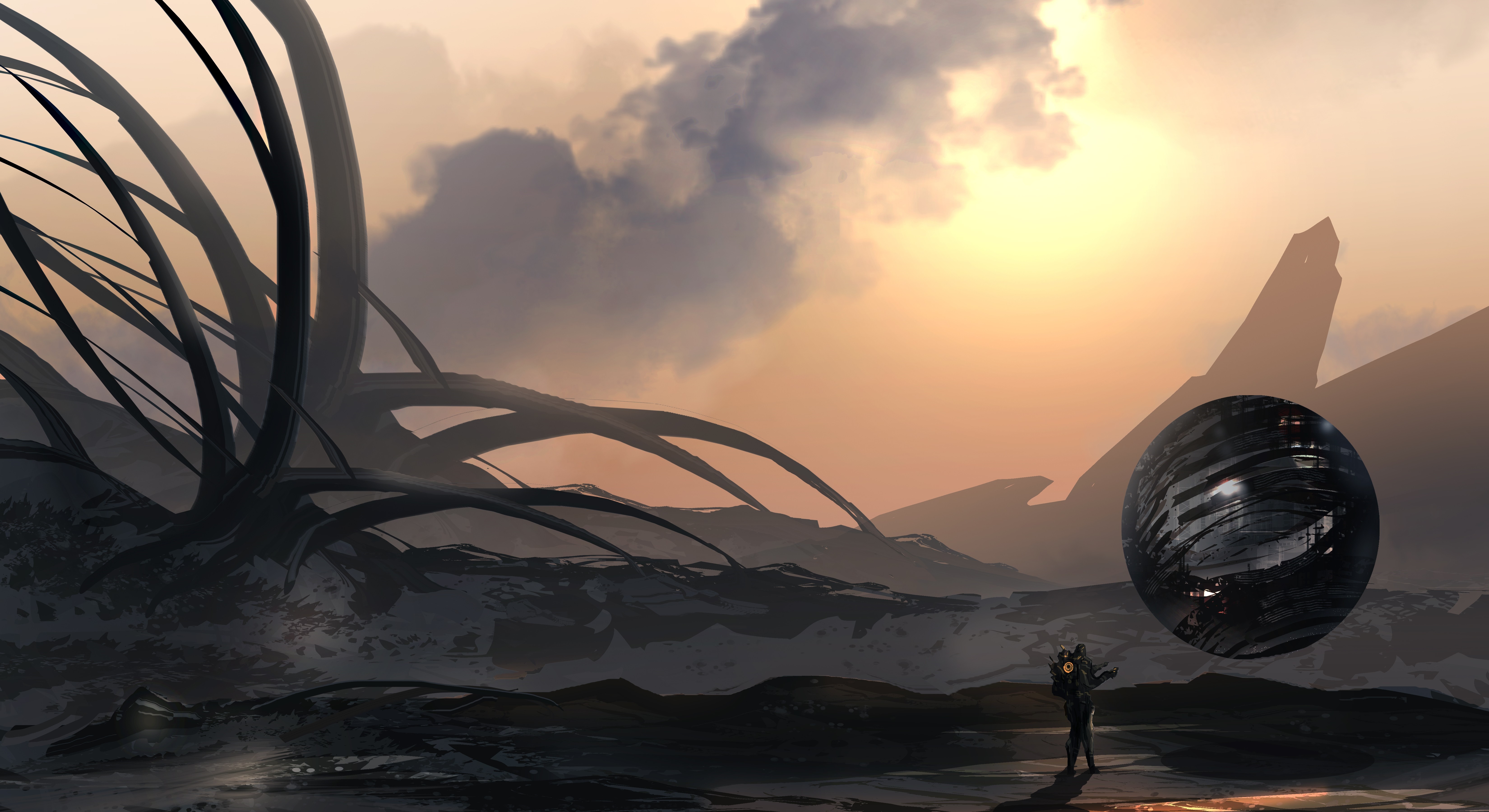Futuristic landscape with alien flora and a drone HD Wallpaper
