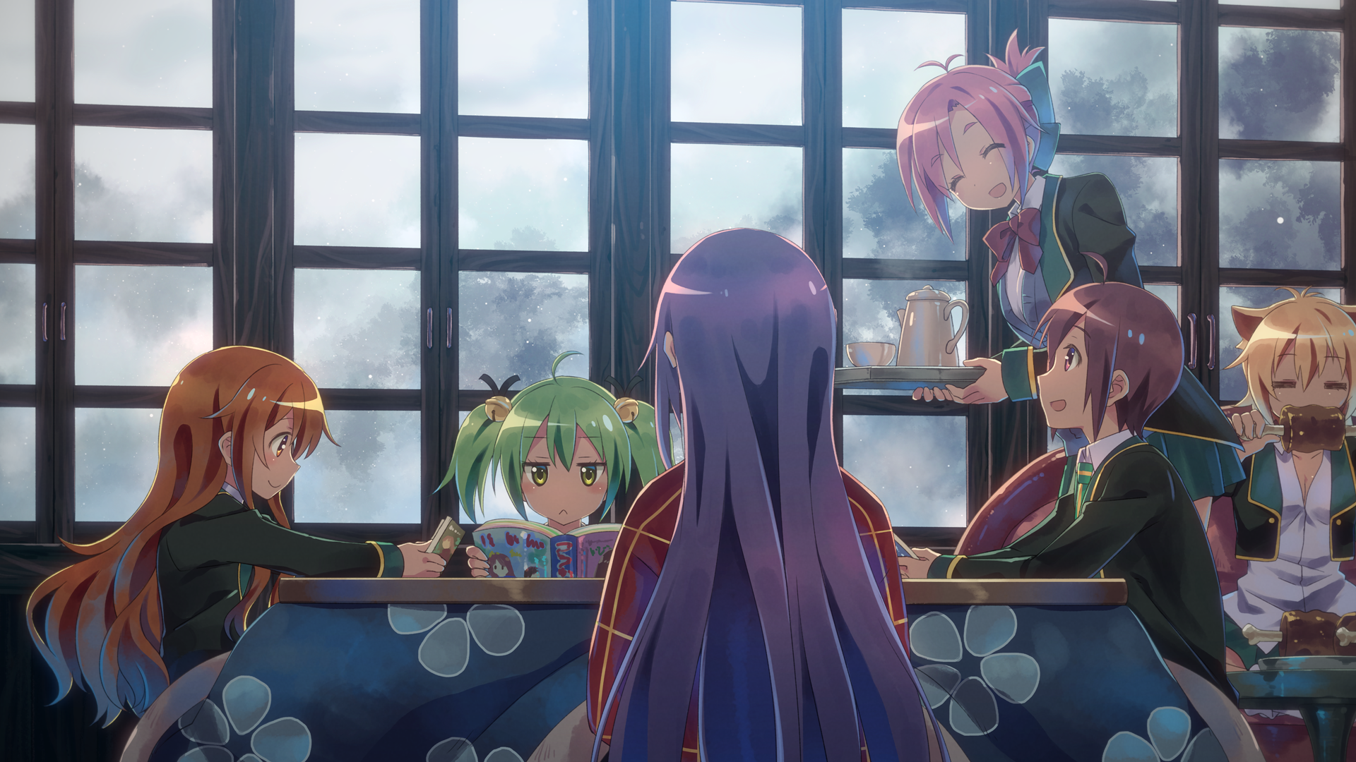 Anime girls from GJ-bu gathered around a table HD Wallpaper