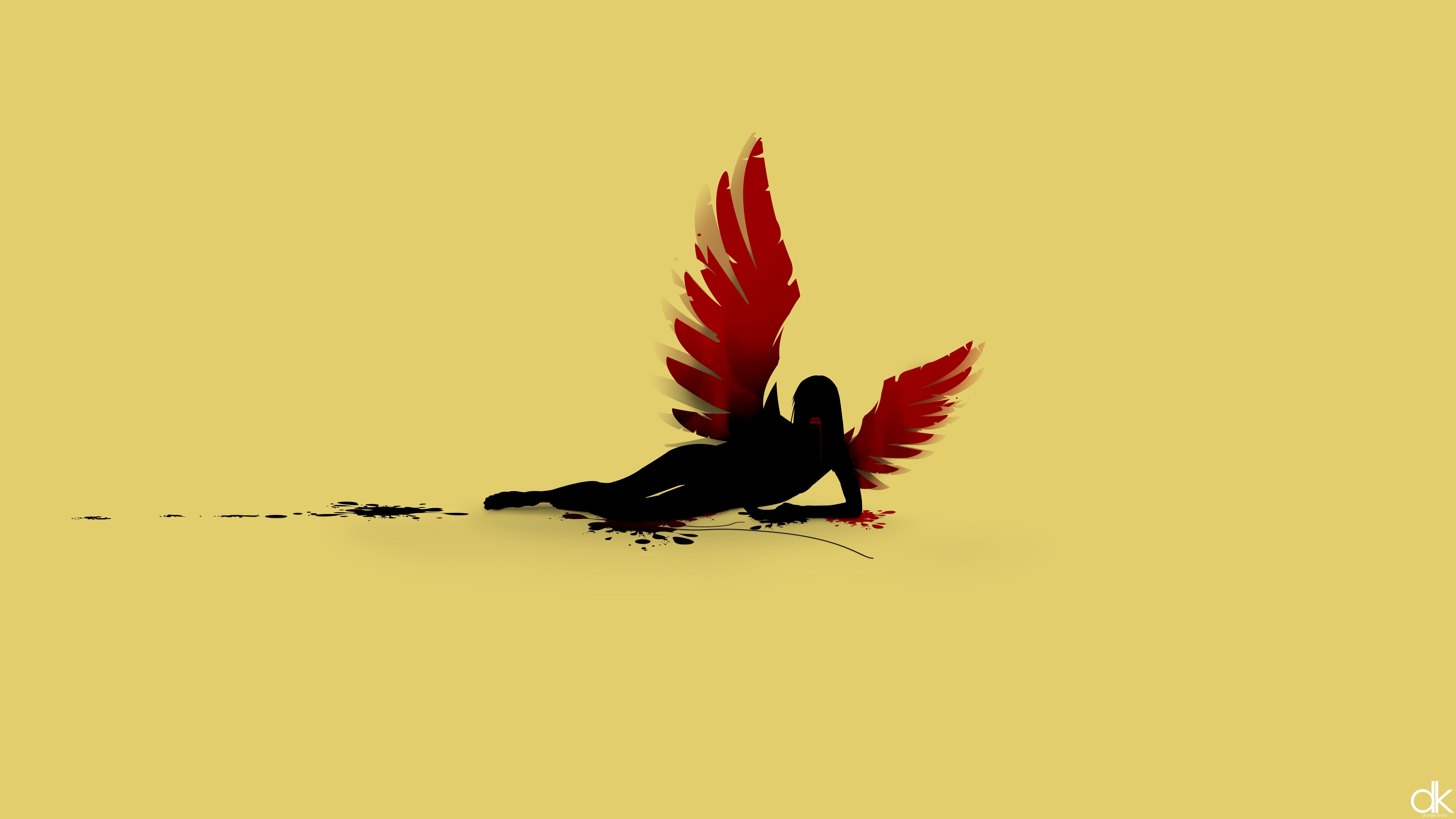 Silhouette of a fallen angel with red wings HD Wallpaper