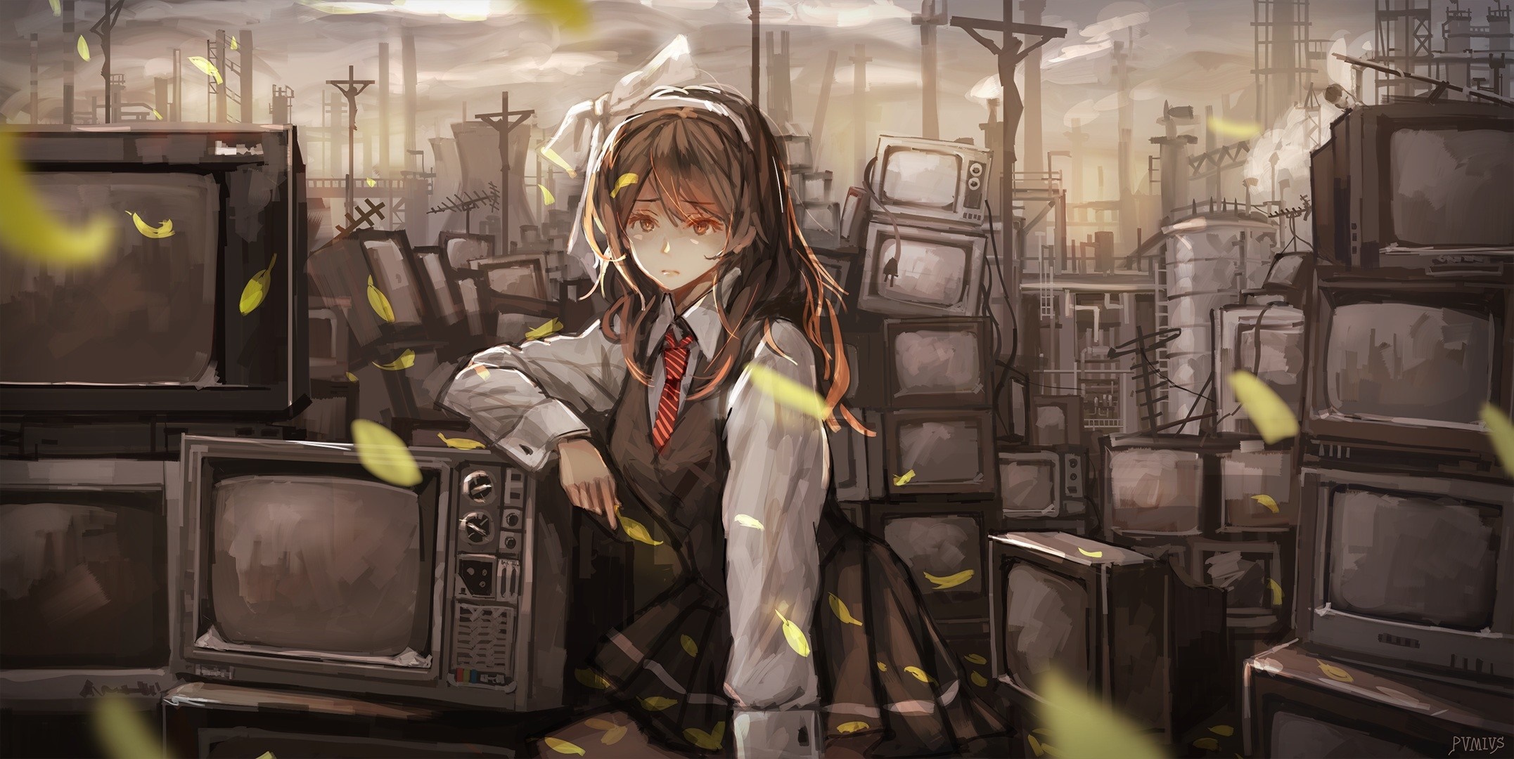 Anime girl in a ruined industrial setting with old televisions HD Wallpaper