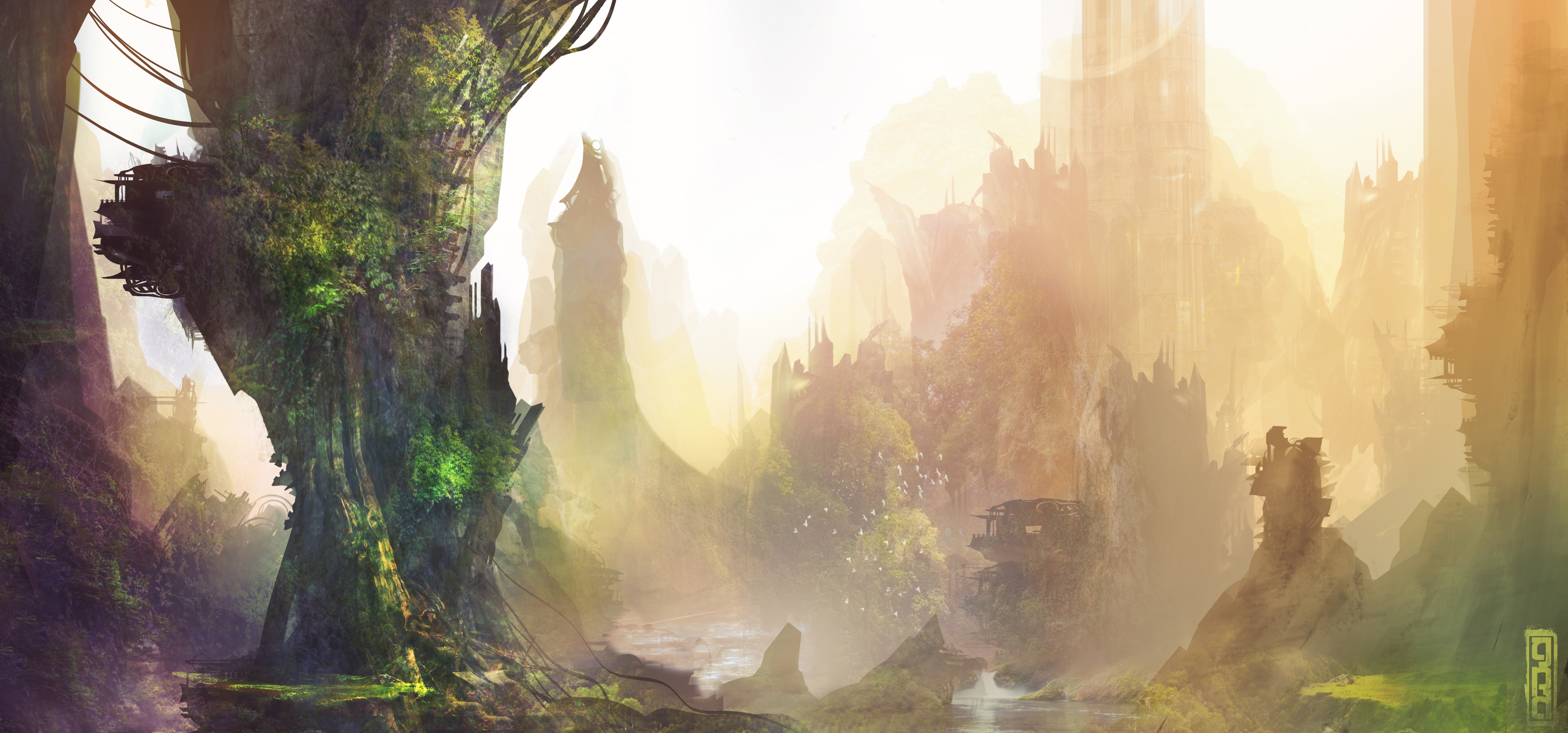 Fantasy landscape with ancient trees and misty mountains HD Wallpaper