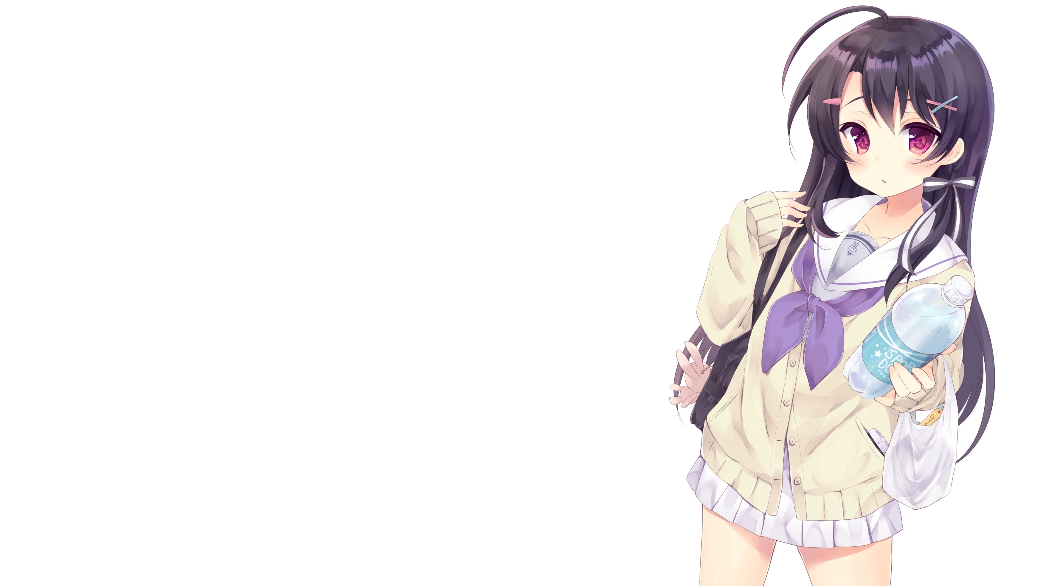 Anime girl with long black hair holding a water bottle HD Wallpaper