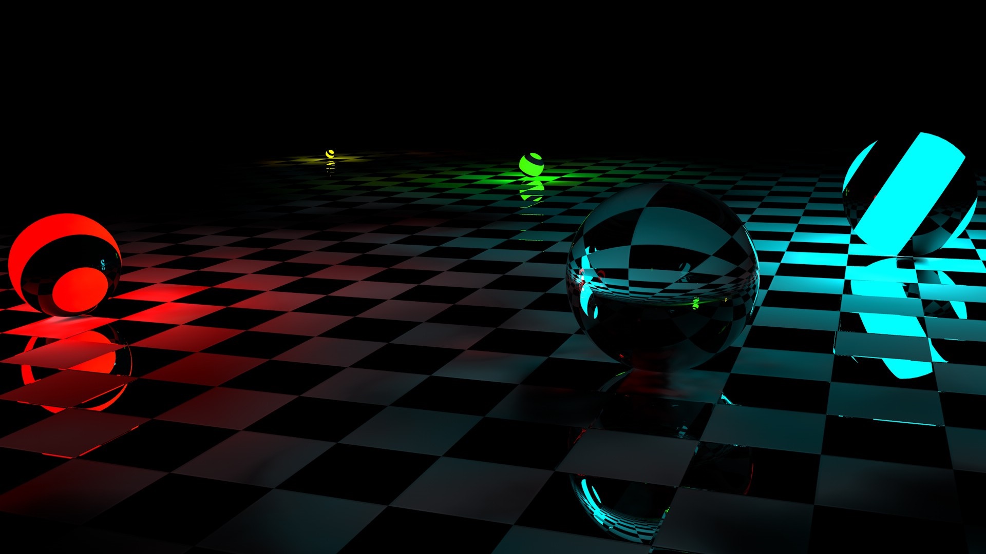 Abstract spheres on a checkered floor with reflections HD Wallpaper