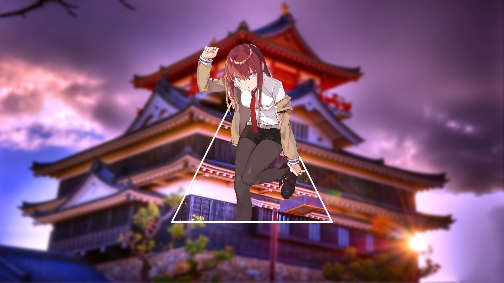 Makise Kurisu from Steins;Gate in front of a Japanese castle HD Wallpaper