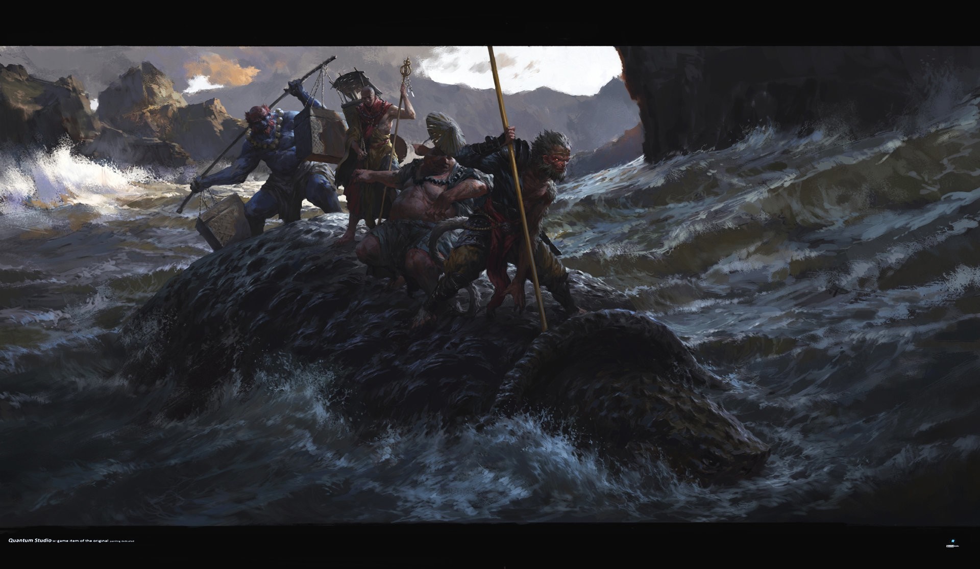 Fantasy creatures on a raft in rough seas HD Wallpaper