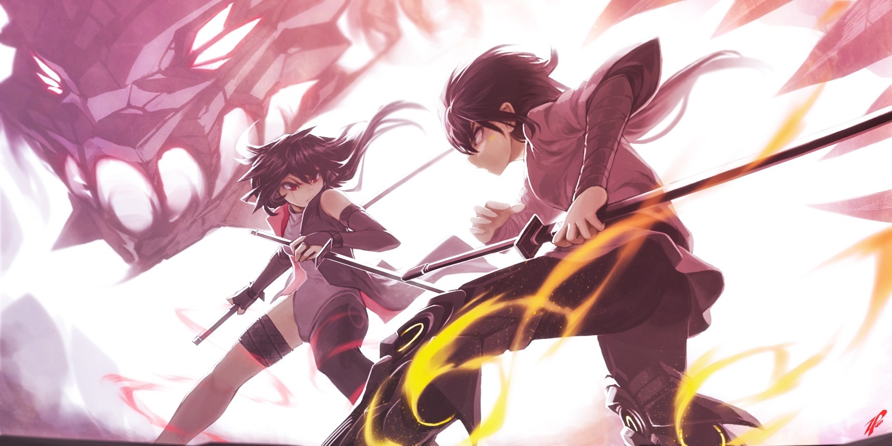 Anime illustration of two warriors fighting a dragon HD Wallpaper