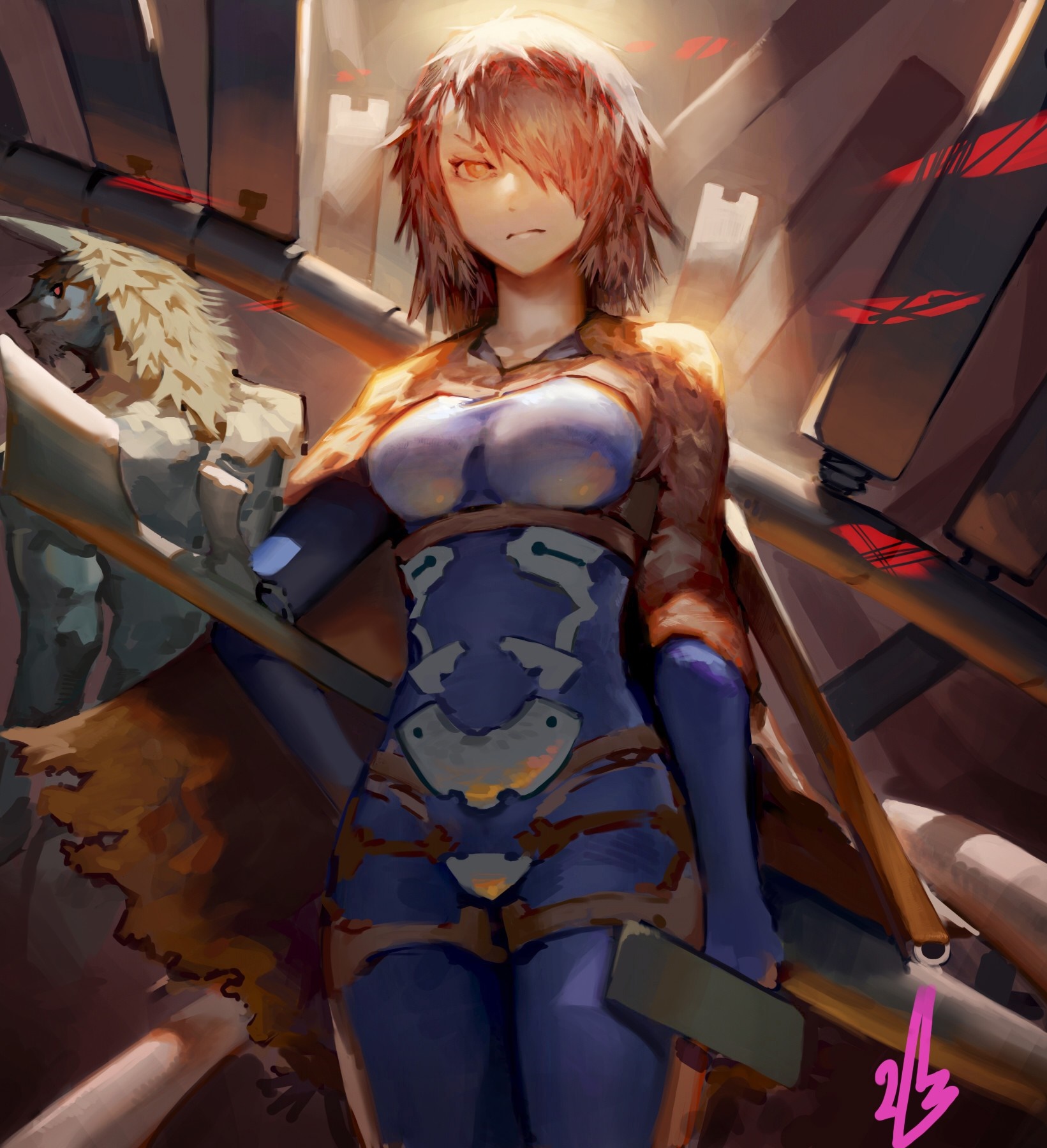 Anime warrior with a lion-like companion HD Wallpaper