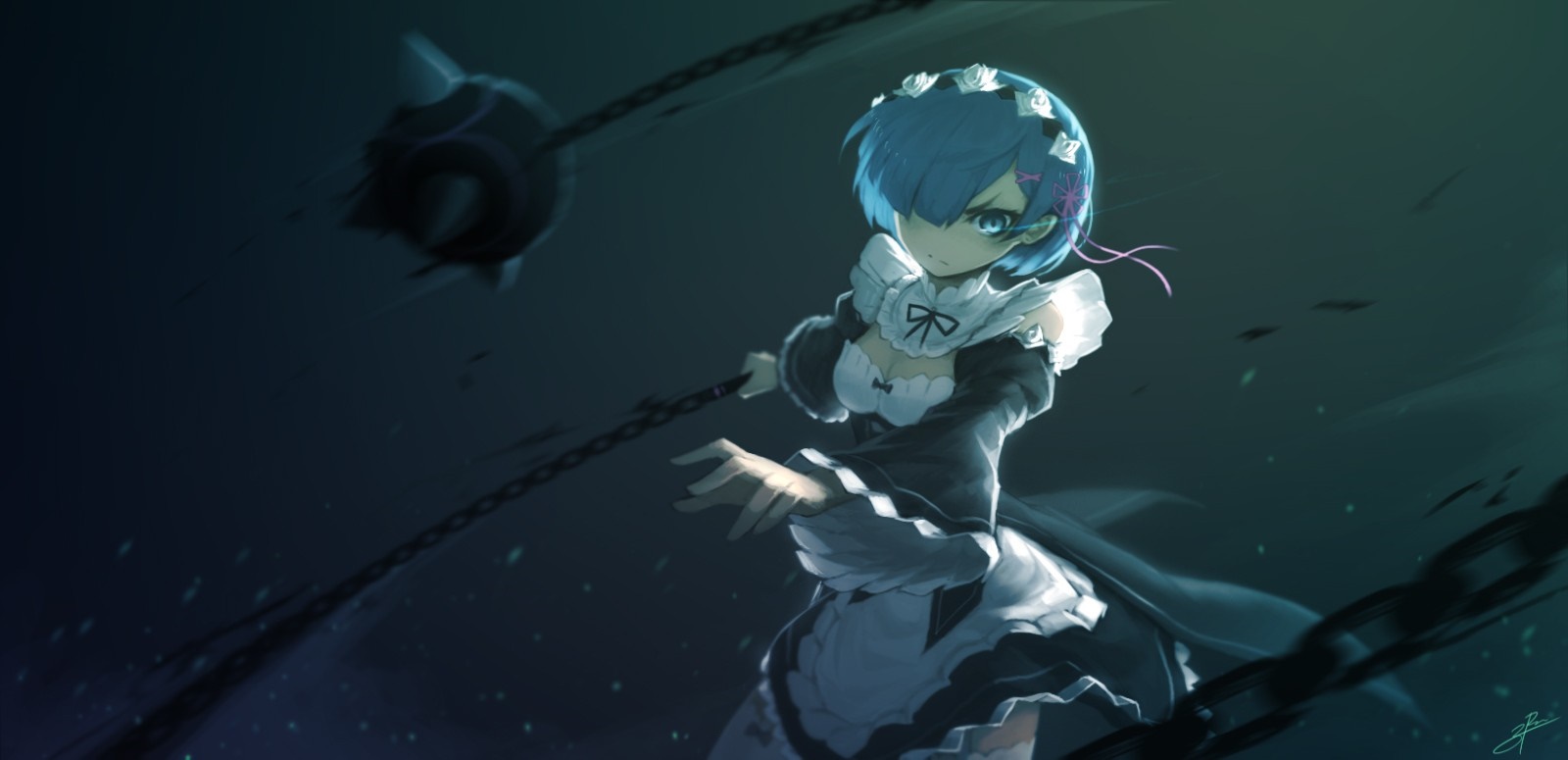 Rem from Re:Zero wielding a flail HD Wallpaper