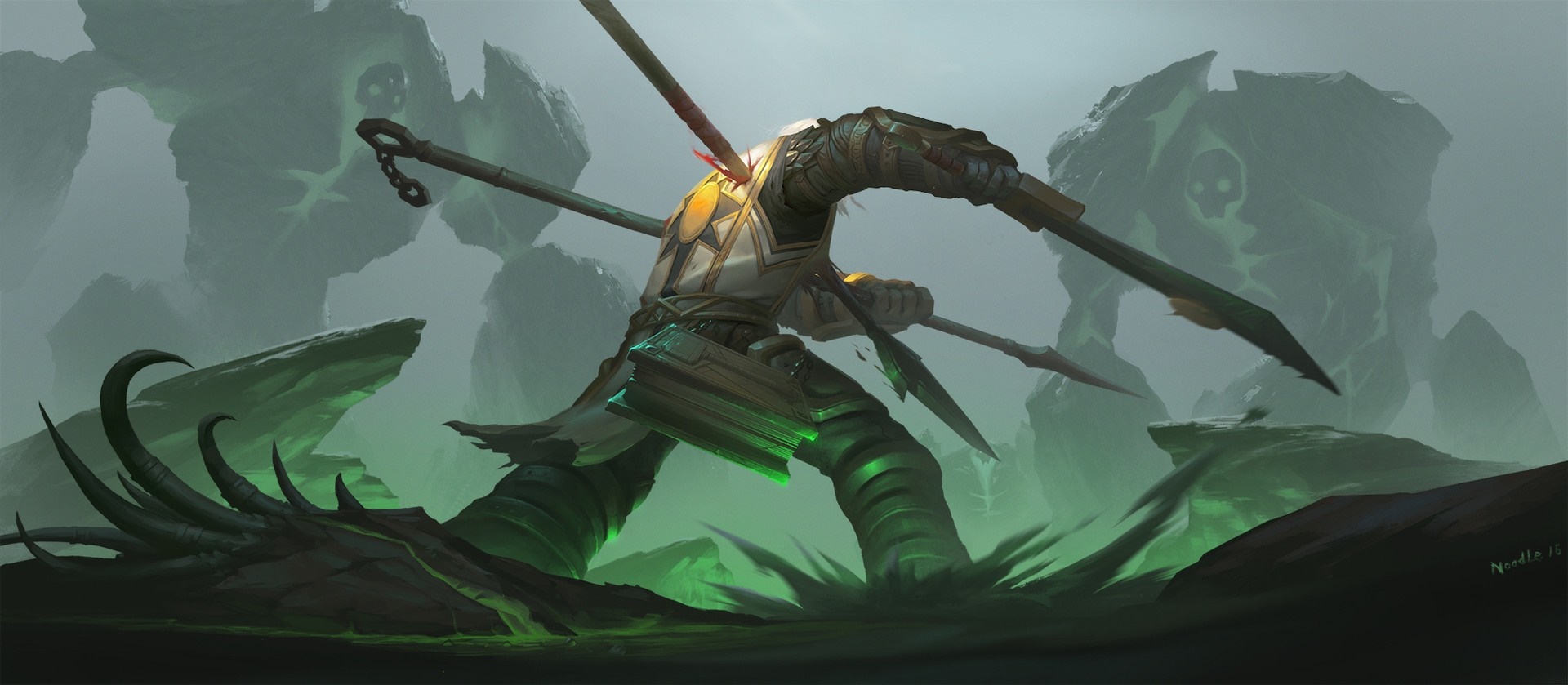 Warrior impaled by spears in a desolate landscape HD Wallpaper