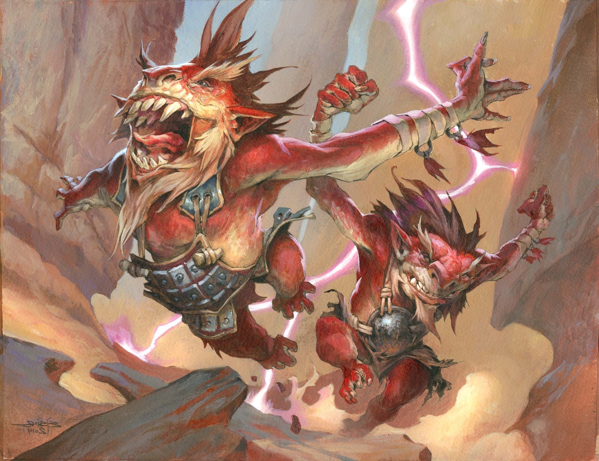 Two red goblins fighting with lightning in the background HD Wallpaper