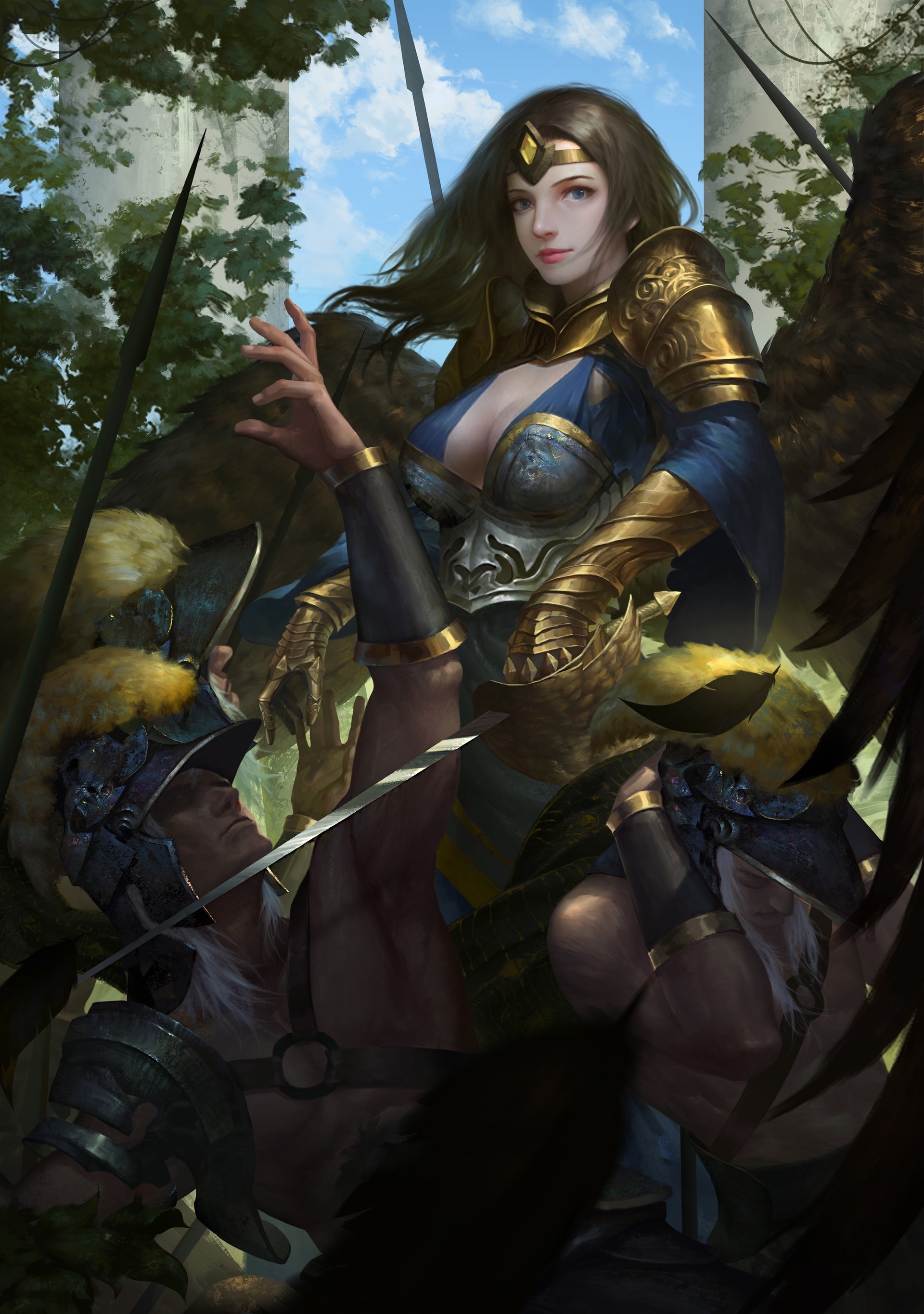 Fantasy warrior woman with wings and defeated soldiers HD Wallpaper