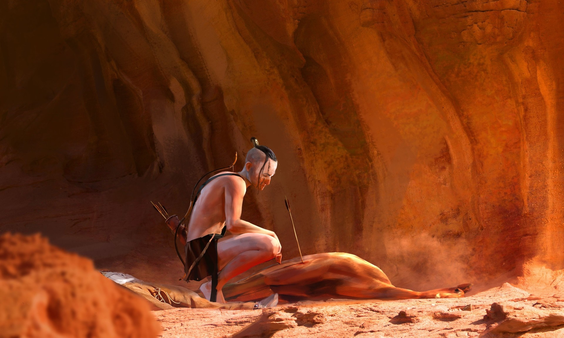 Cave hunter with slain deer HD Wallpaper