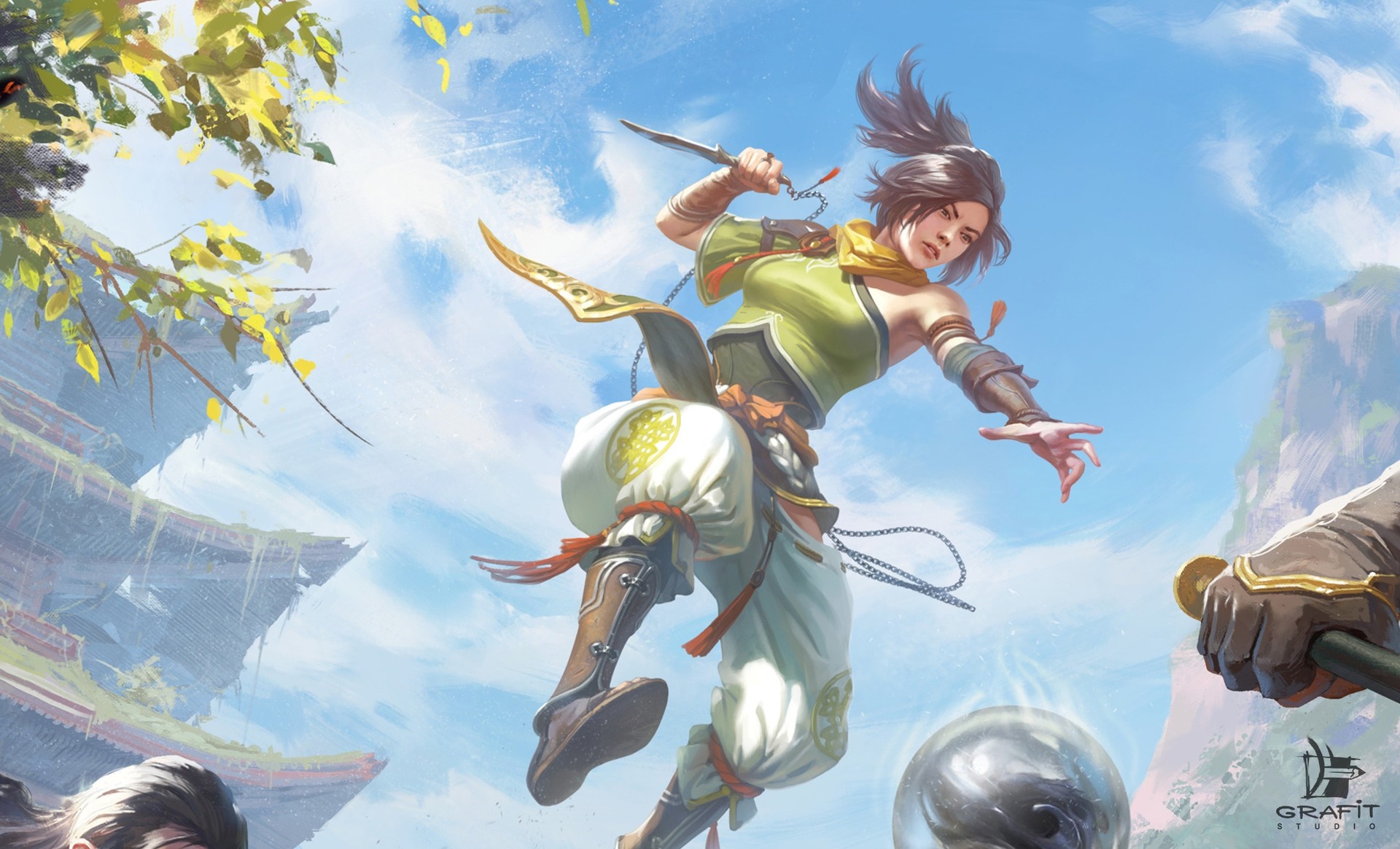 Fantasy warrior woman with knife in mid-air HD Wallpaper