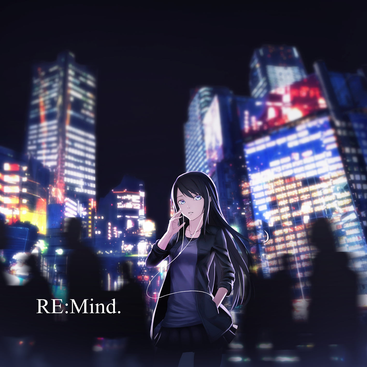 Anime girl with headphones in a city at night HD Wallpaper