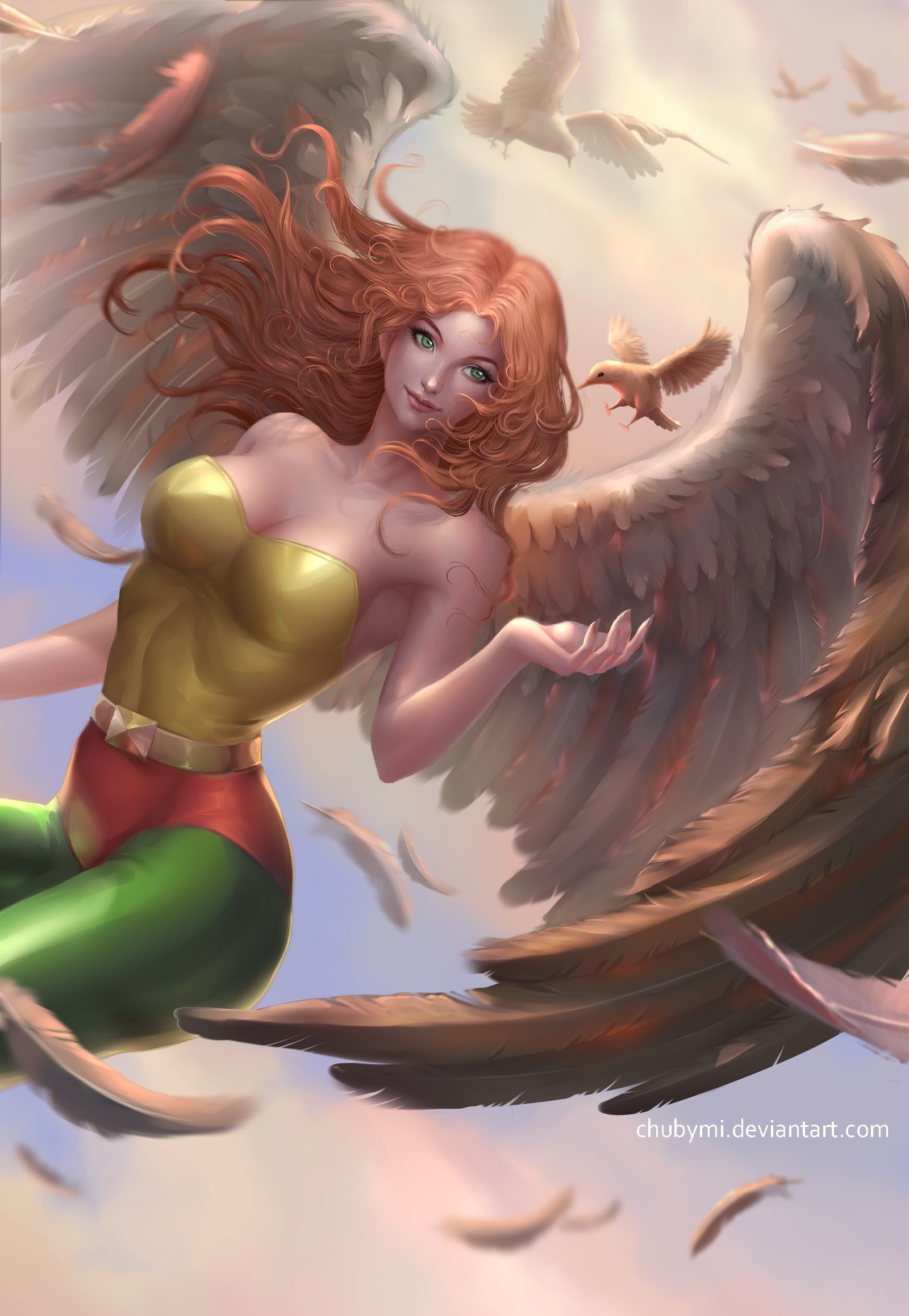 Hawkgirl with wings and birds in the sky HD Wallpaper