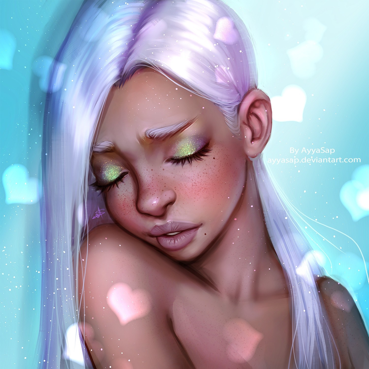 Digital painting of a woman with white hair and glittery makeup HD Wallpaper