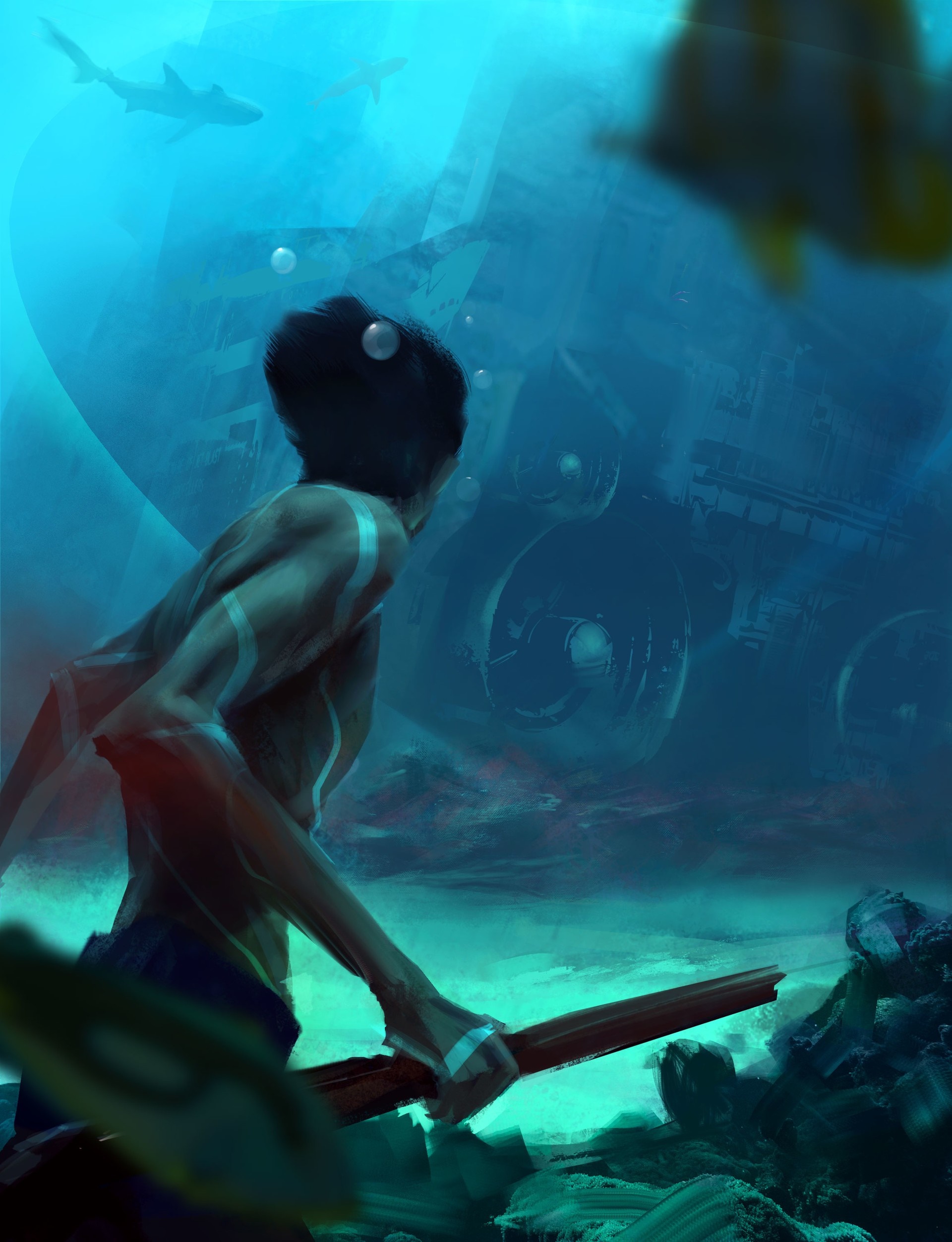 Man with spear in underwater ruins with sharks HD Wallpaper