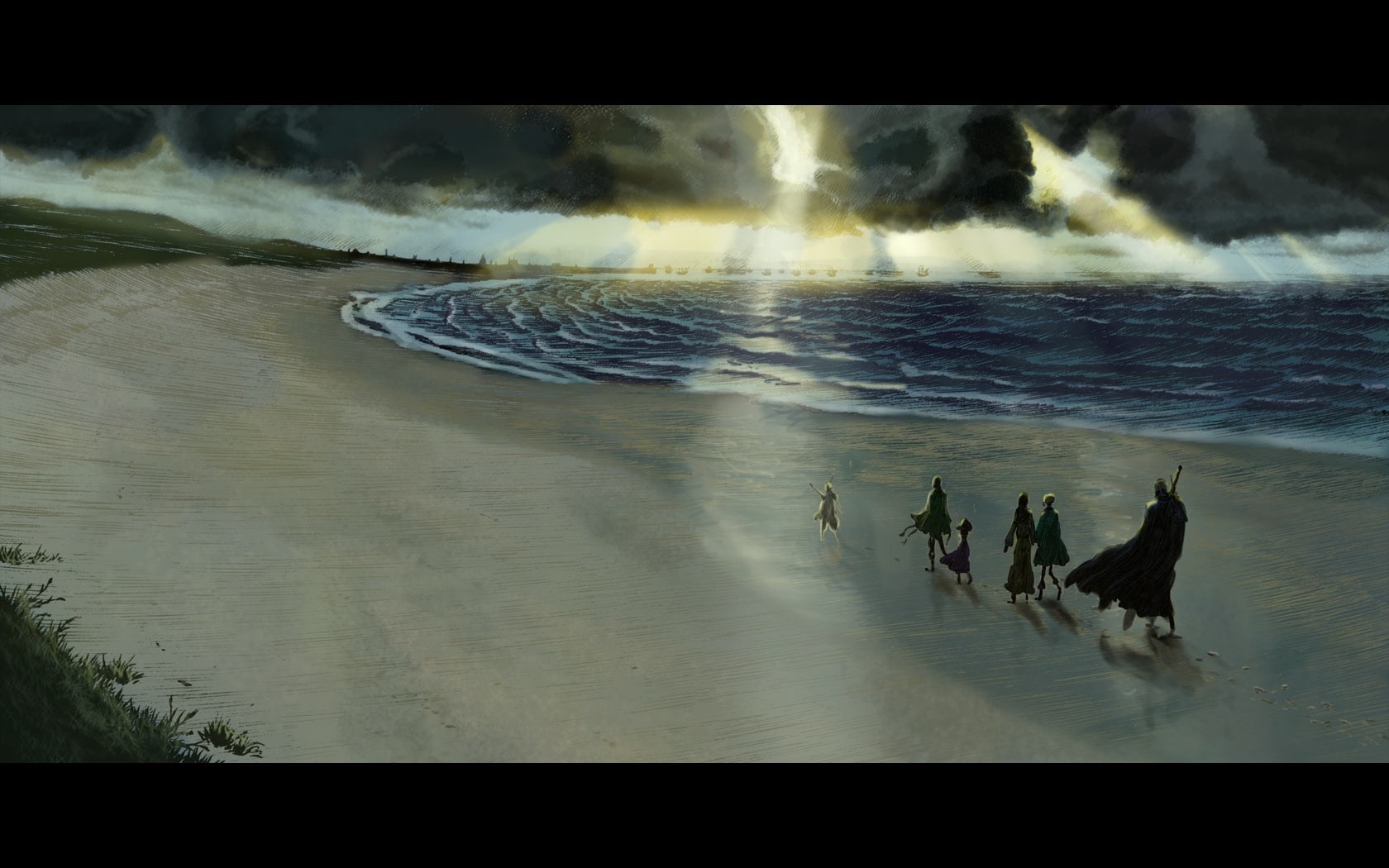 Guts and companions on a beach with stormy sea HD Wallpaper