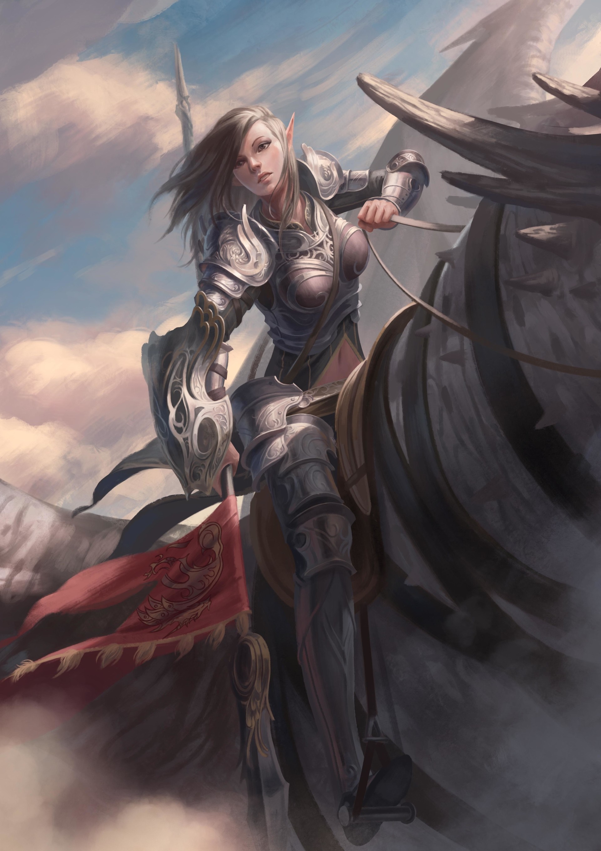 Elf warrior woman on horseback with banner HD Wallpaper