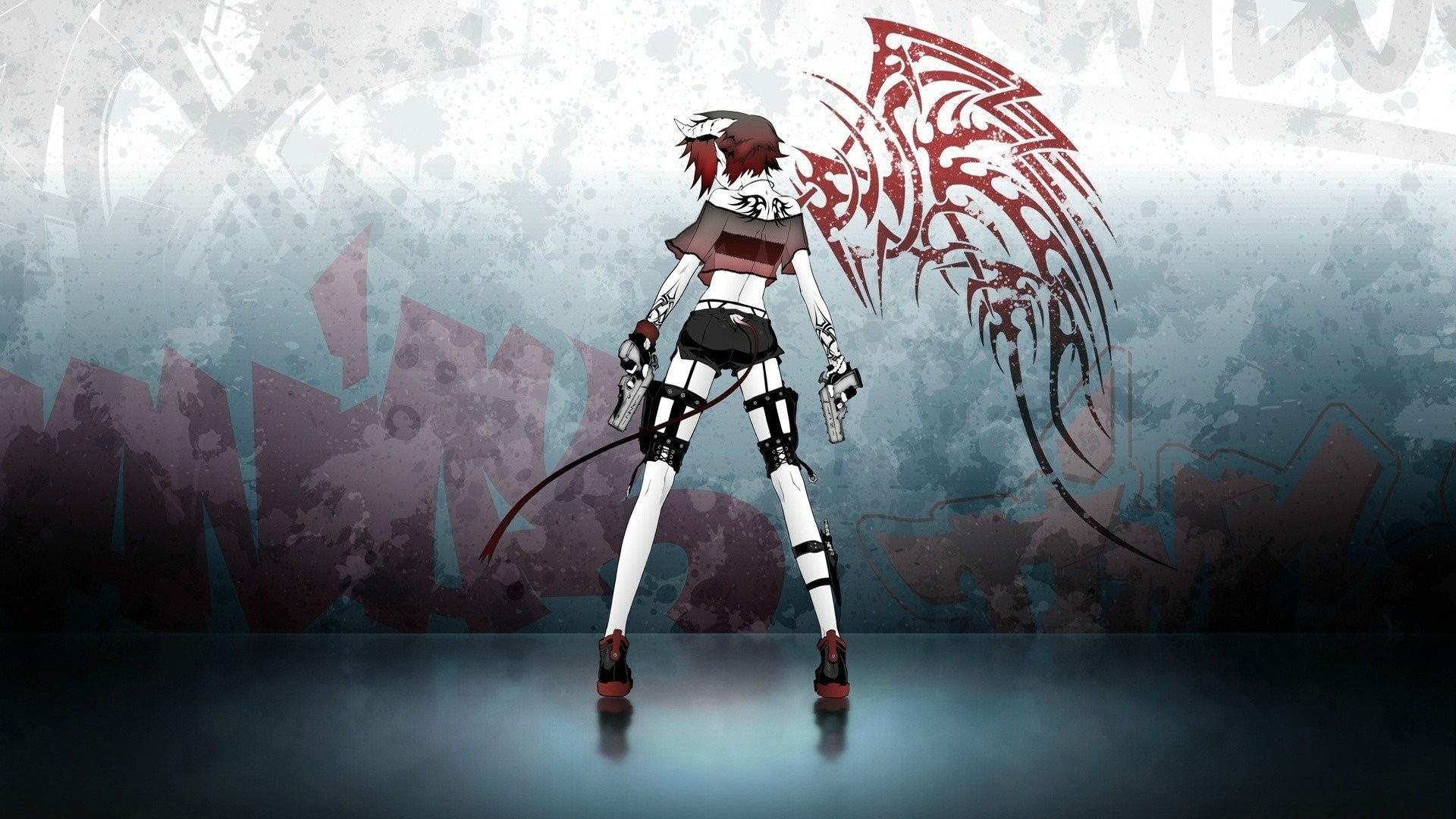 Anime girl with horns and wings holding pistols HD Wallpaper
