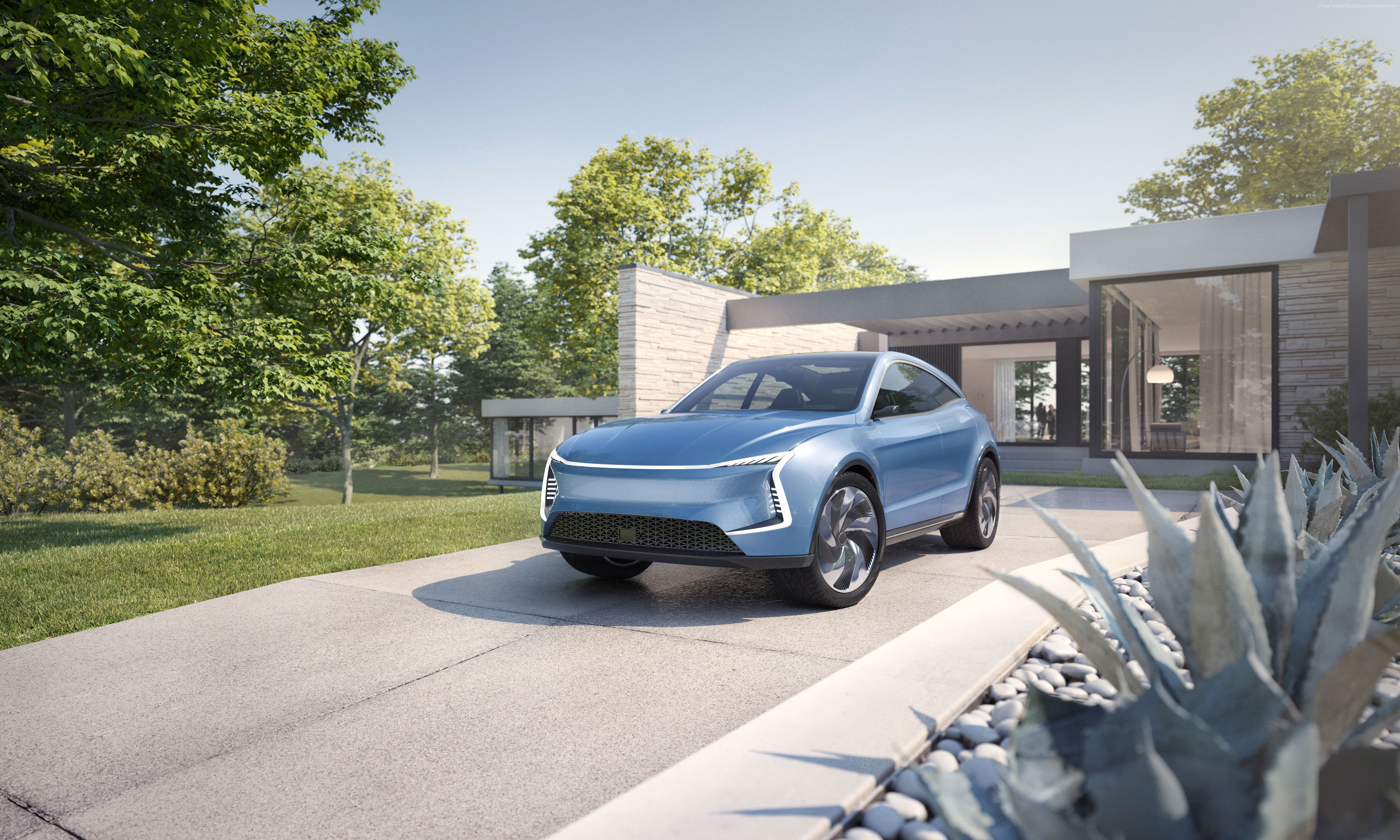 SF Motors SF5 electric car in front of modern house HD Wallpaper