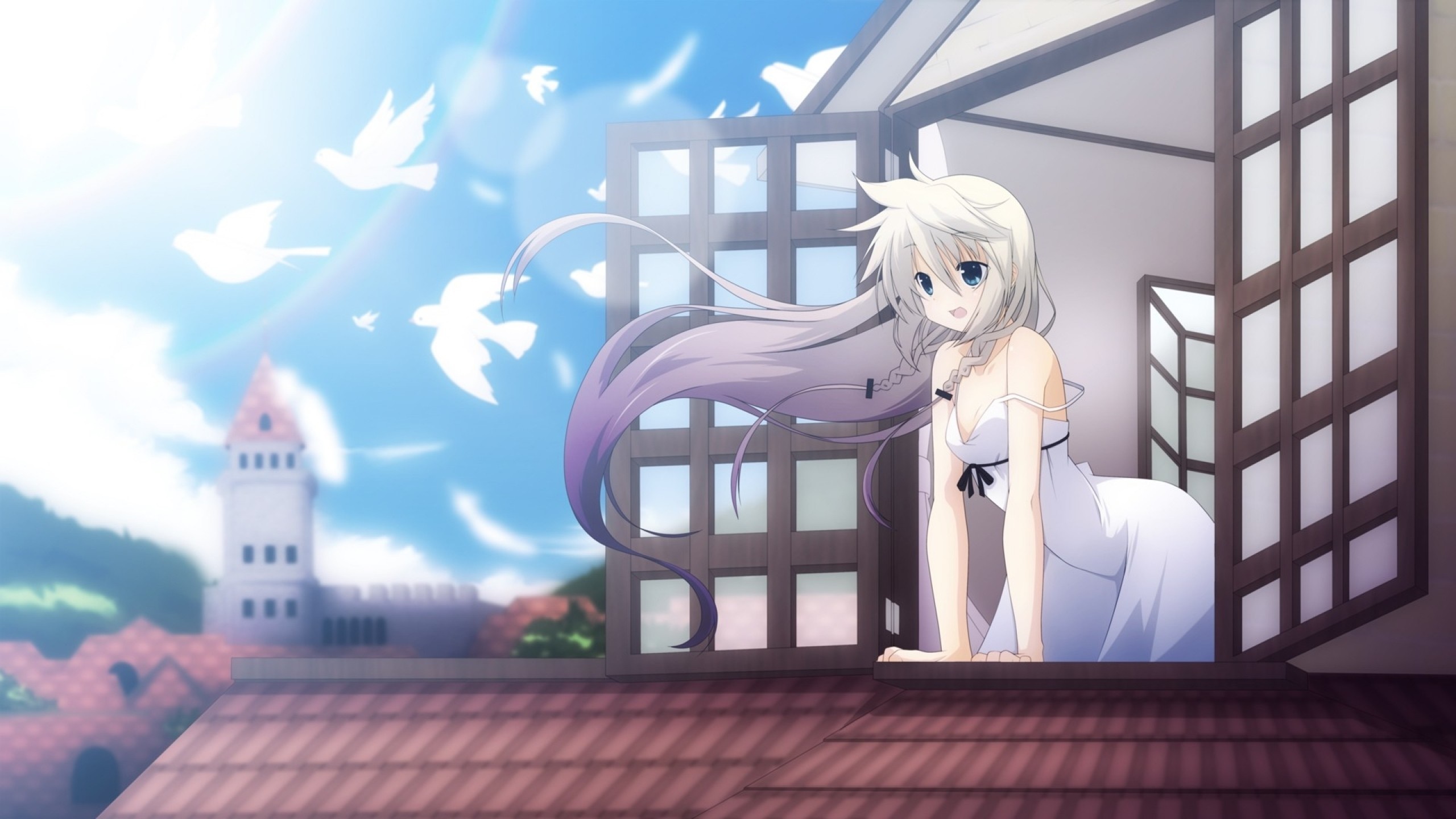 Anime girl with white dress and birds flying HD Wallpaper