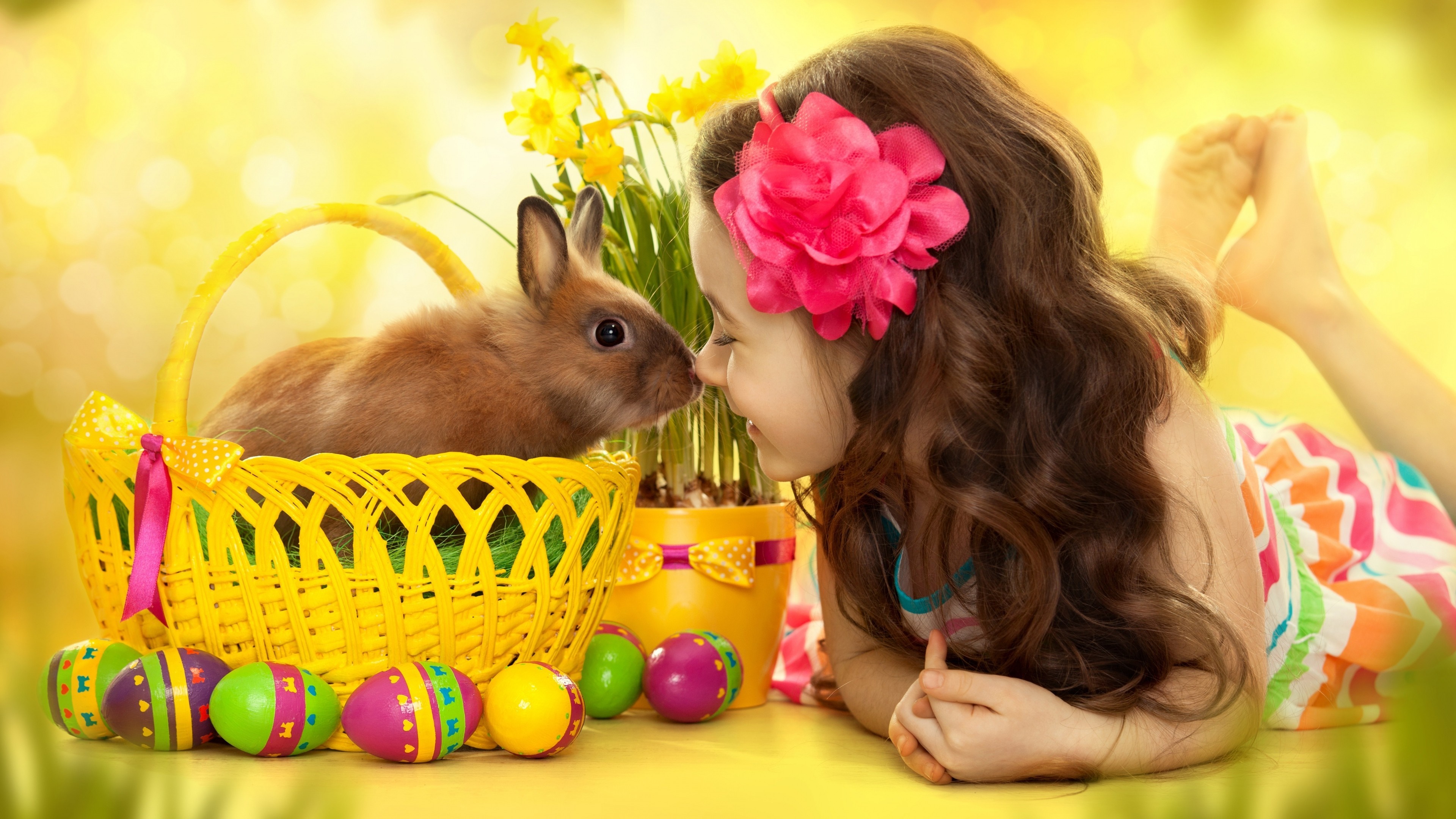 Girl and bunny with Easter eggs HD Wallpaper