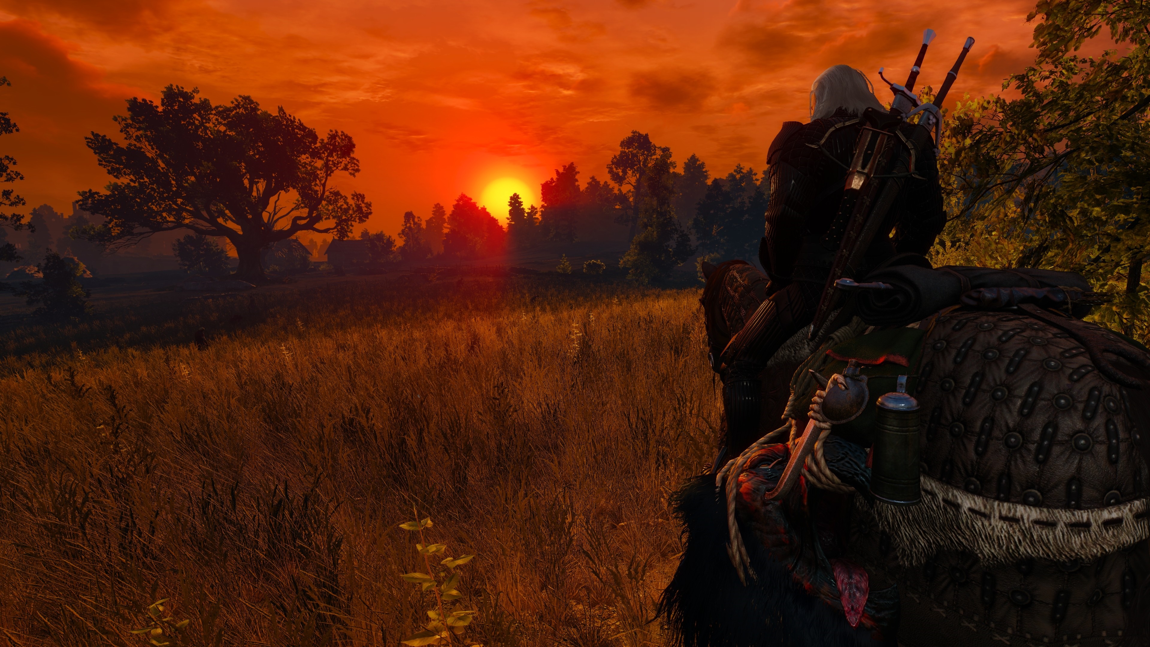 Geralt of Rivia from The Witcher 3 Wild Hunt on horseback at sunset HD Wallpaper