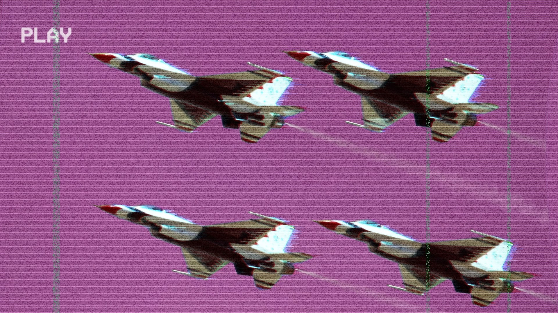 Four fighter jets in formation with VHS glitch effect HD Wallpaper