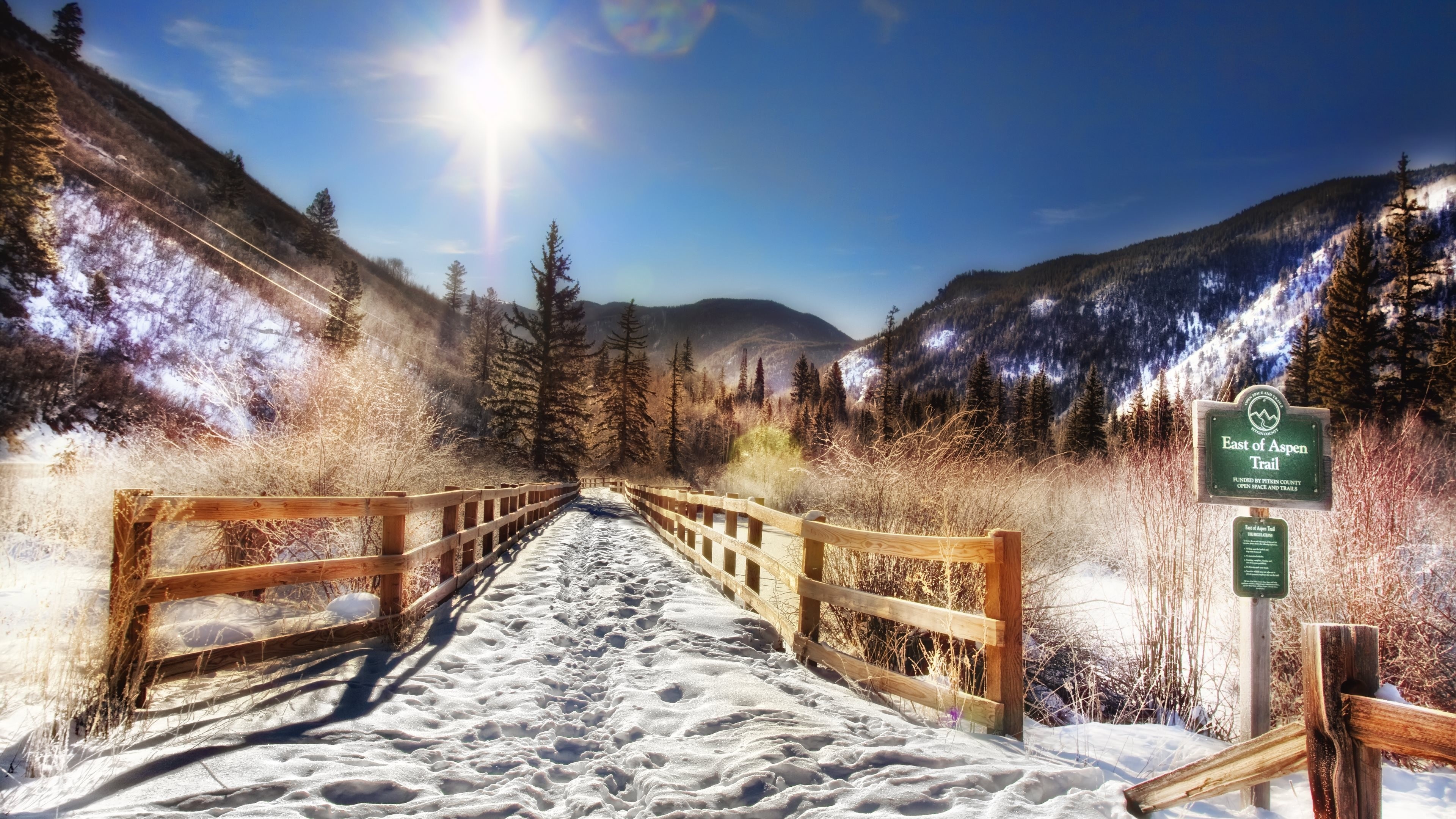 Snowy bridge on East of Aspen Trail in Colorado HD Wallpaper