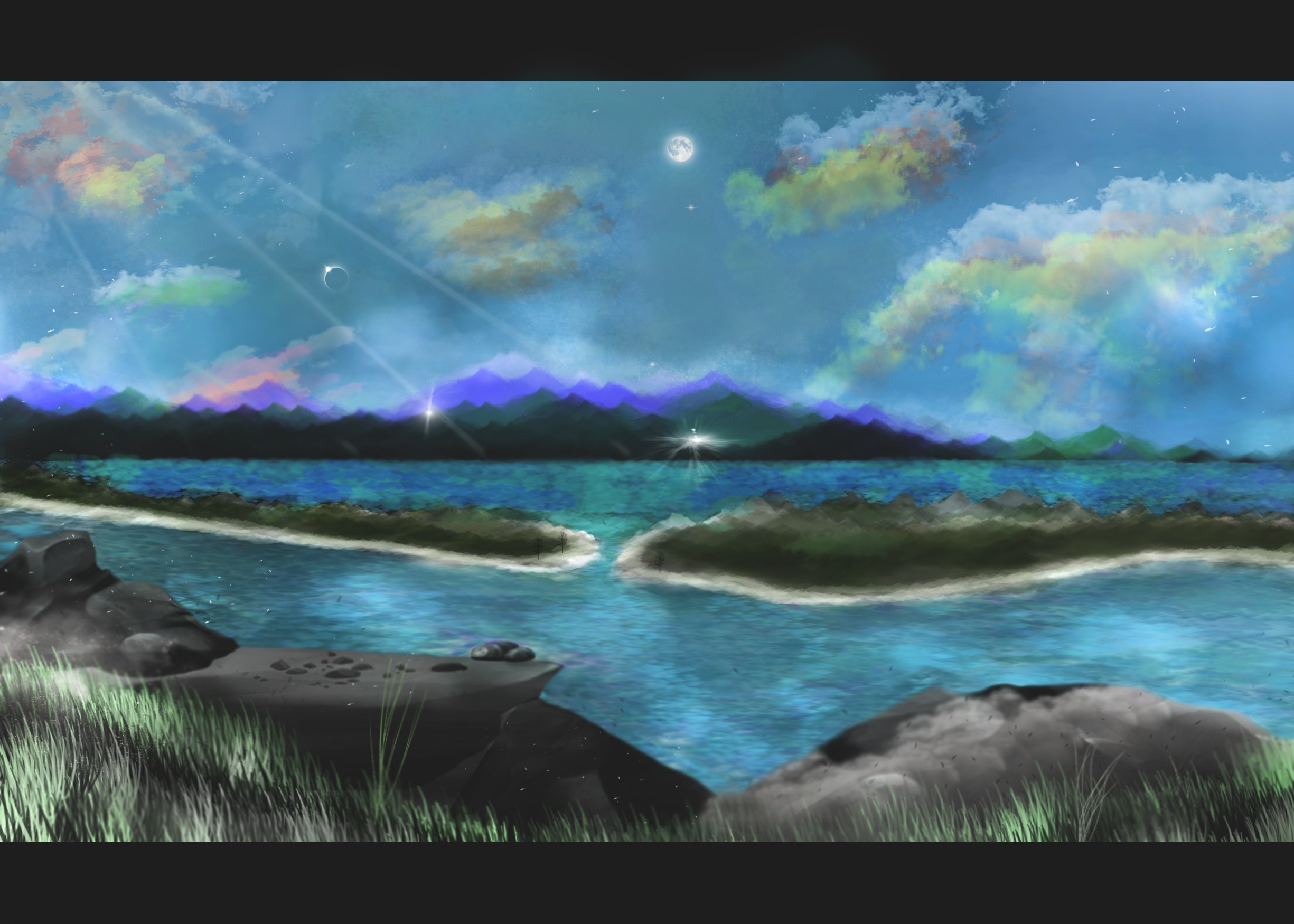 Digital painting of a serene seascape with mountains and moon HD Wallpaper